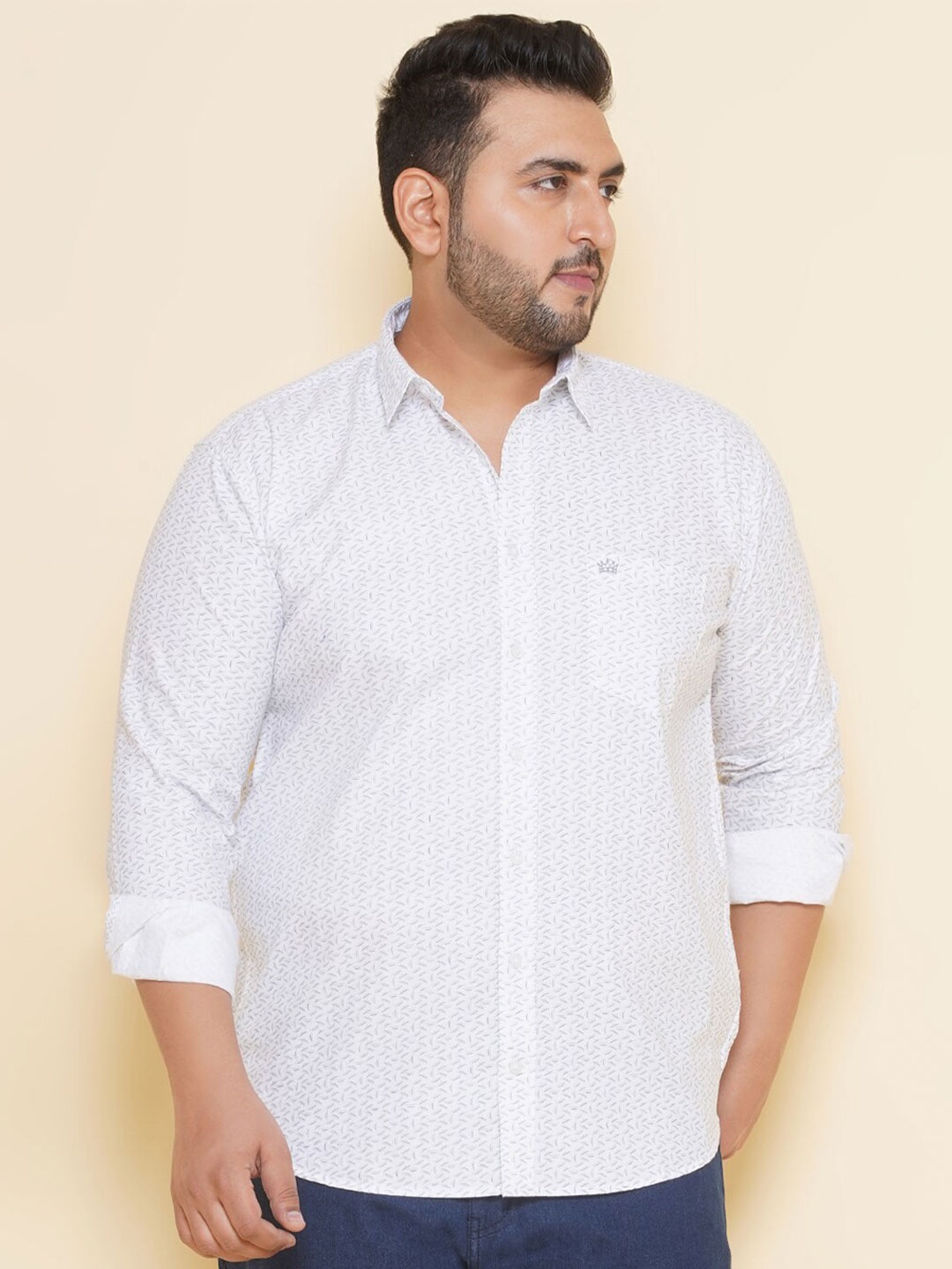 

John Pride Plus Size Micro Ditsy Printed Pure Cotton Casual Shirt, White