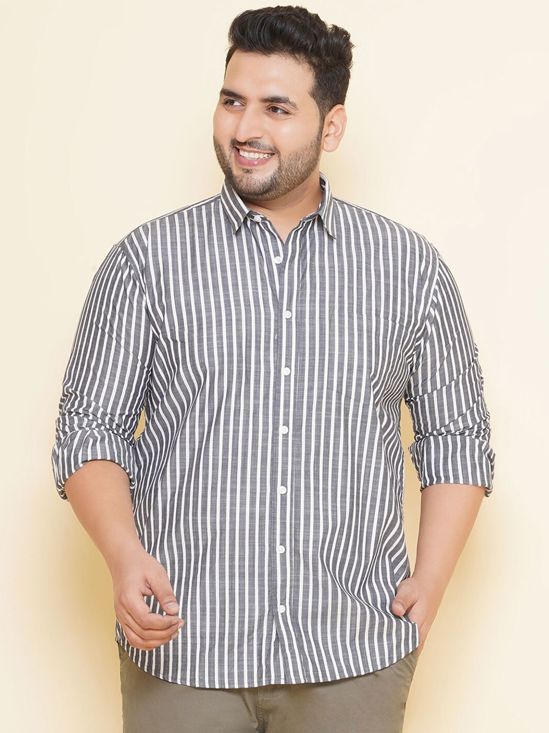 

John Pride Plus Size Vertical Striped Casual Pure Cotton Shirt, Grey