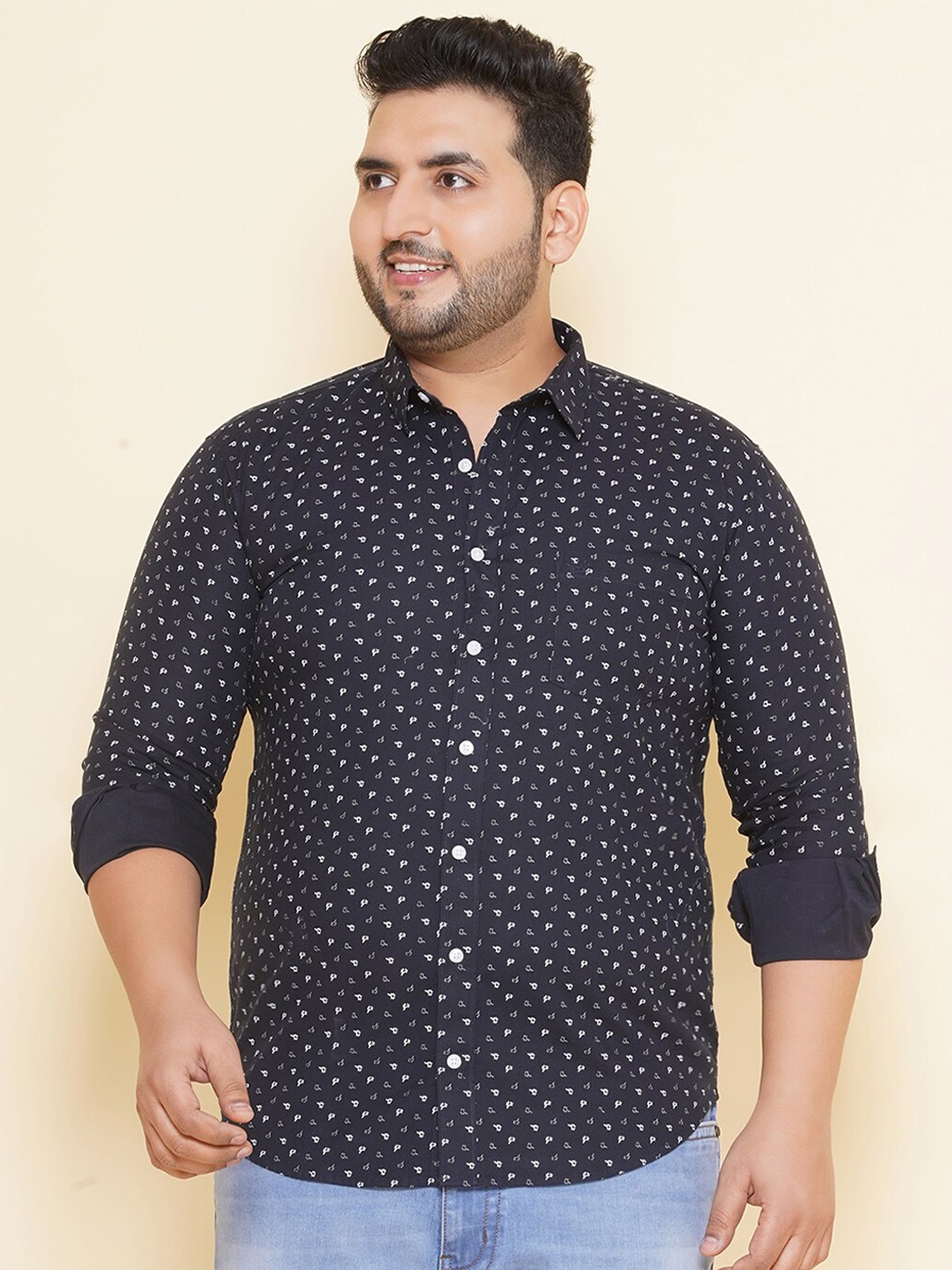 

John Pride Plus Size Micro Ditsy Opaque Printed Pure Cotton Casual Shirt, Navy blue