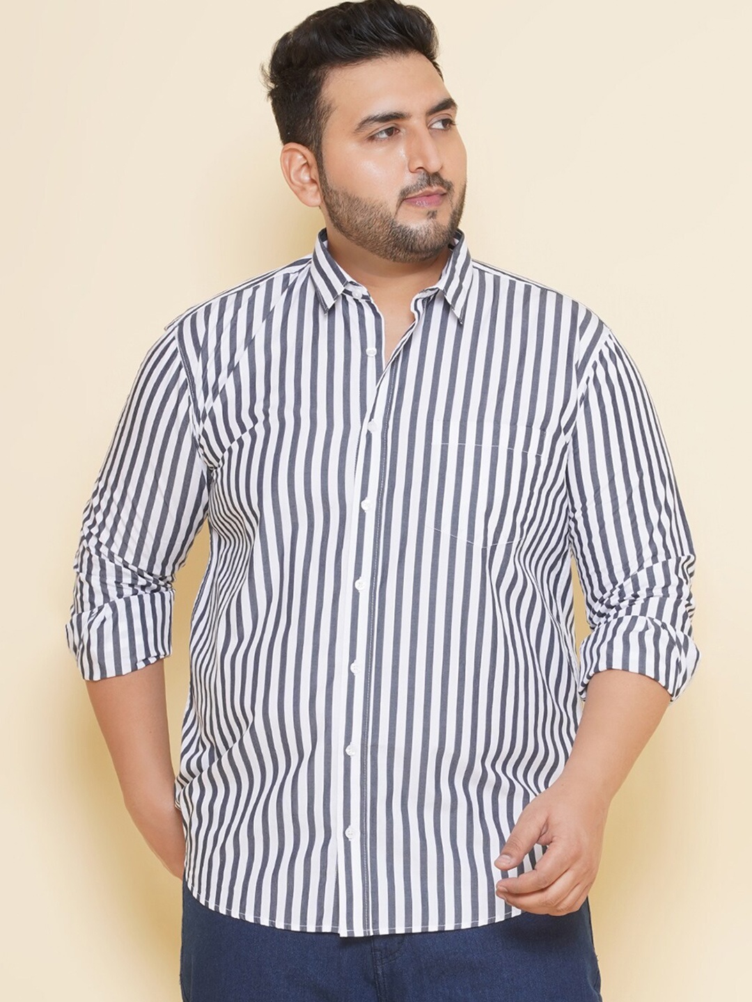 

John Pride Plus Size Vertical Striped Casual Pure Cotton Shirt, White