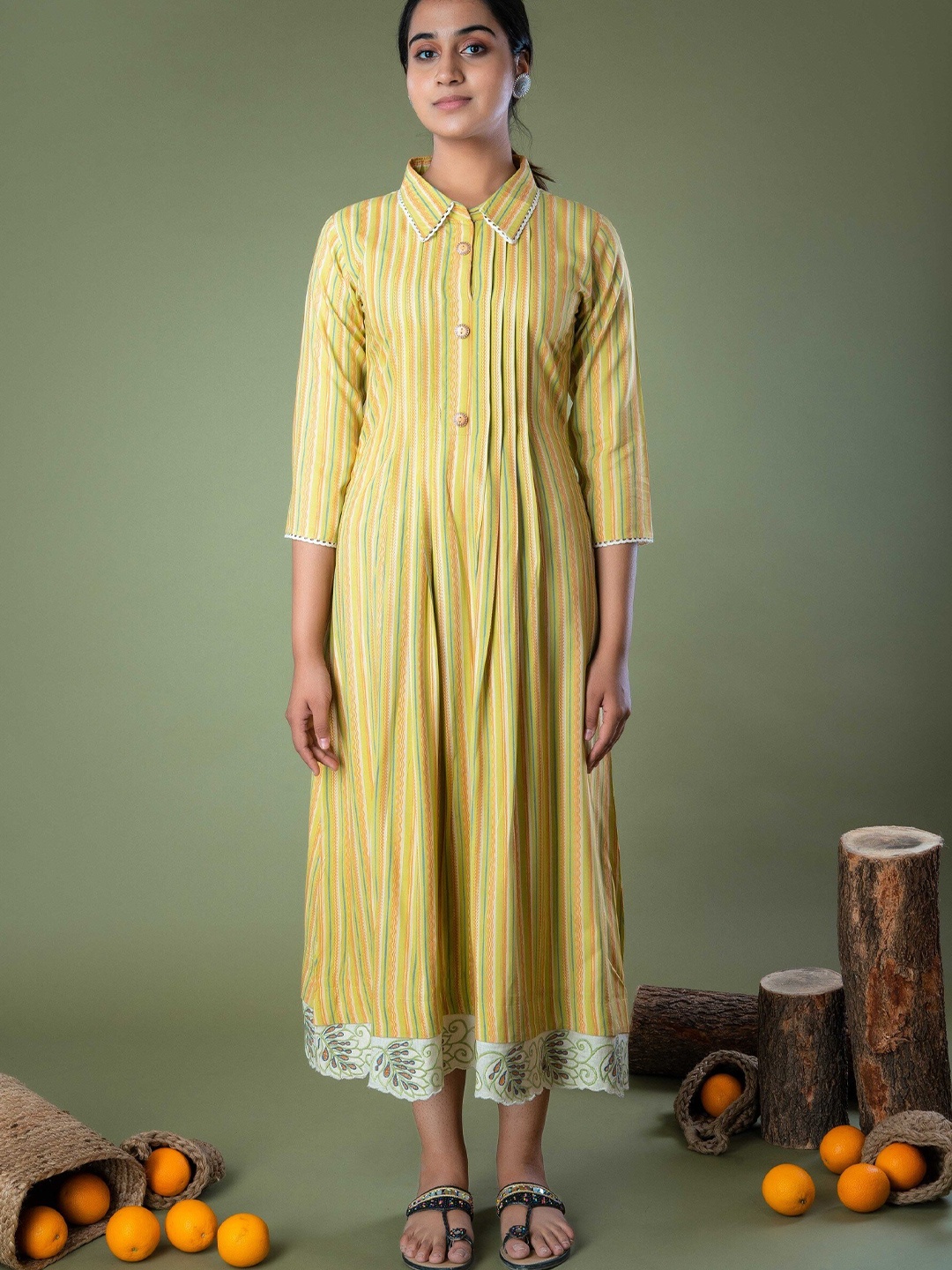 

LAAKHI Stroped Shirt Collar A-Line Midi Ethnic Dress, Green