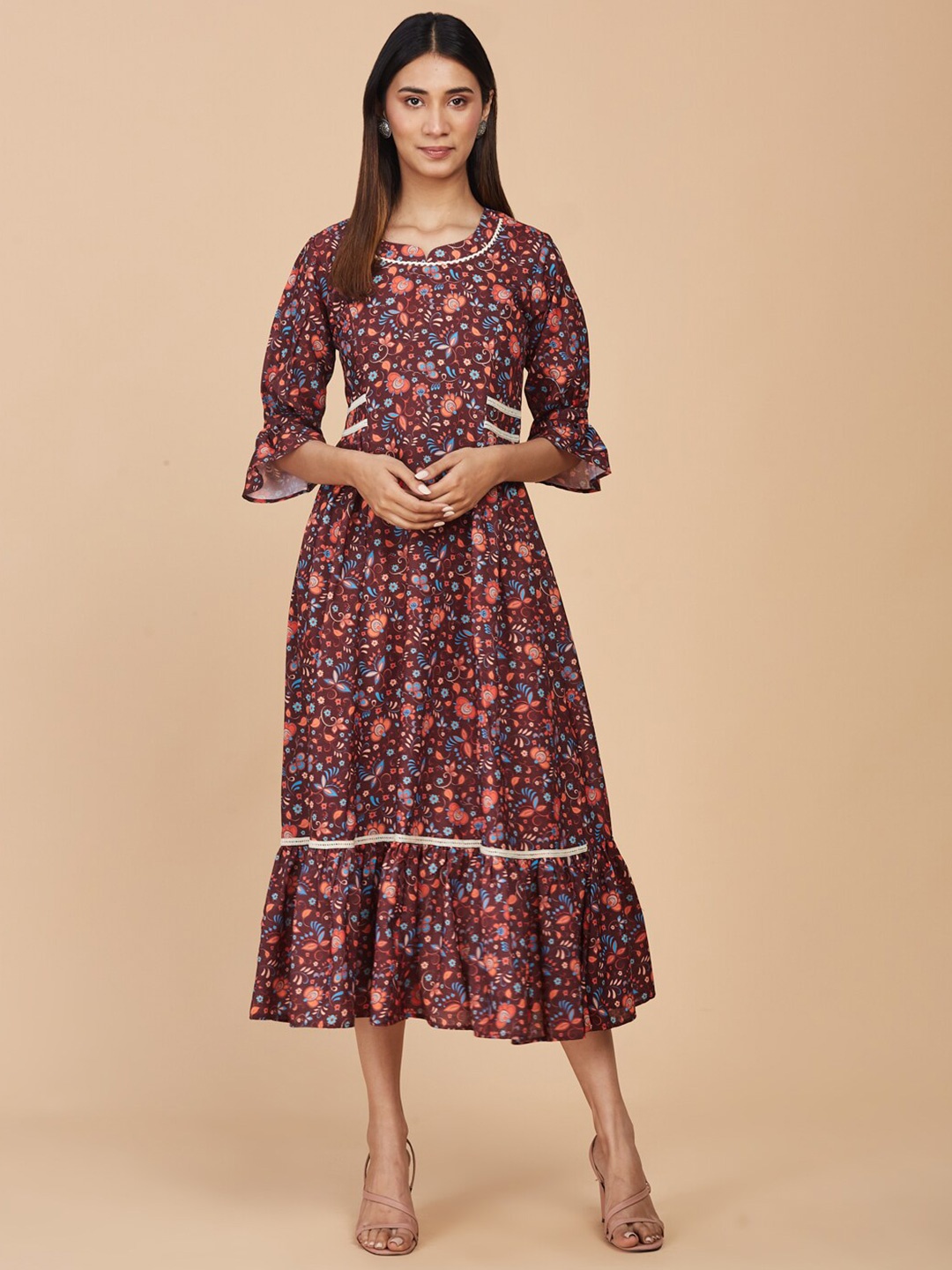 

LAAKHI Maroon Ethnic Motifs Printed Bell Sleeves Linen A-Line Midi Ethnic Dress