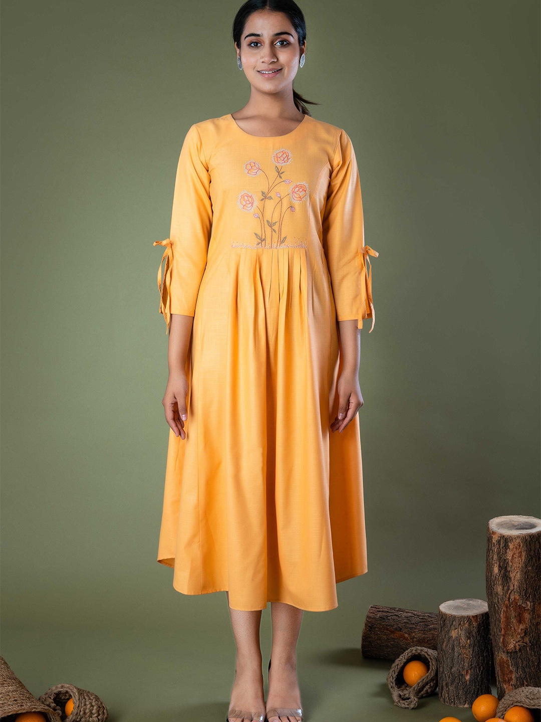 

LAAKHI Floral Embroidered Cotton A-Line Midi Ethnic Dress, Orange