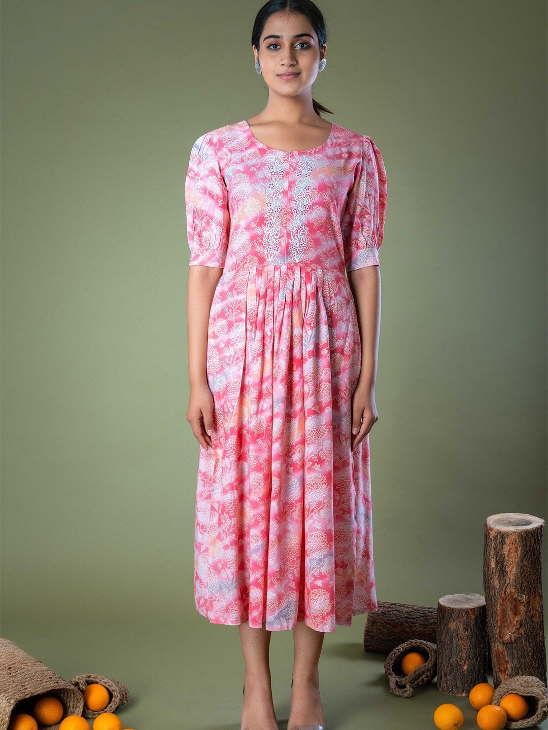 

LAAKHI Floral Printed Puff Sleeves Fit & Flare Midi Ethnic Dress, Pink