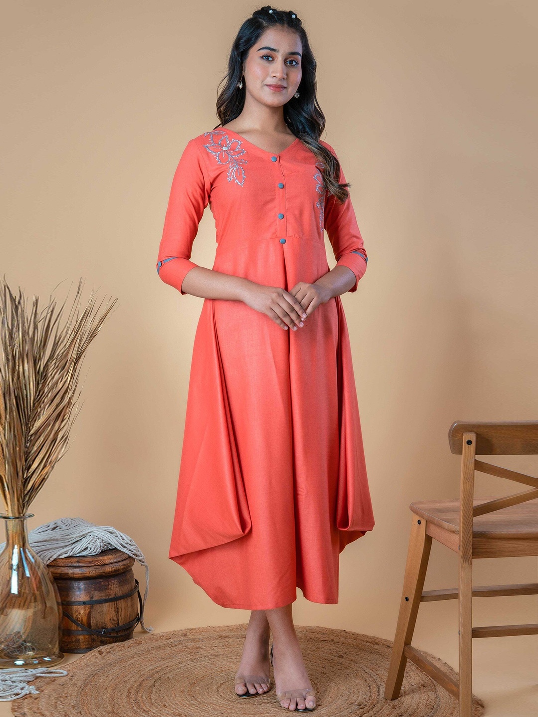 

LAAKHI Embellished Detail A-Line Ethnic Dress, Orange