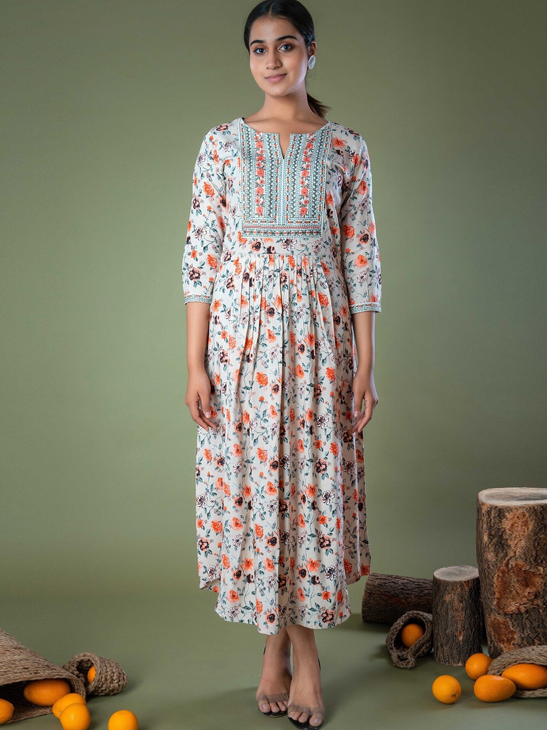 

LAAKHI Floral Printed A-Line Ethnic Dress, White
