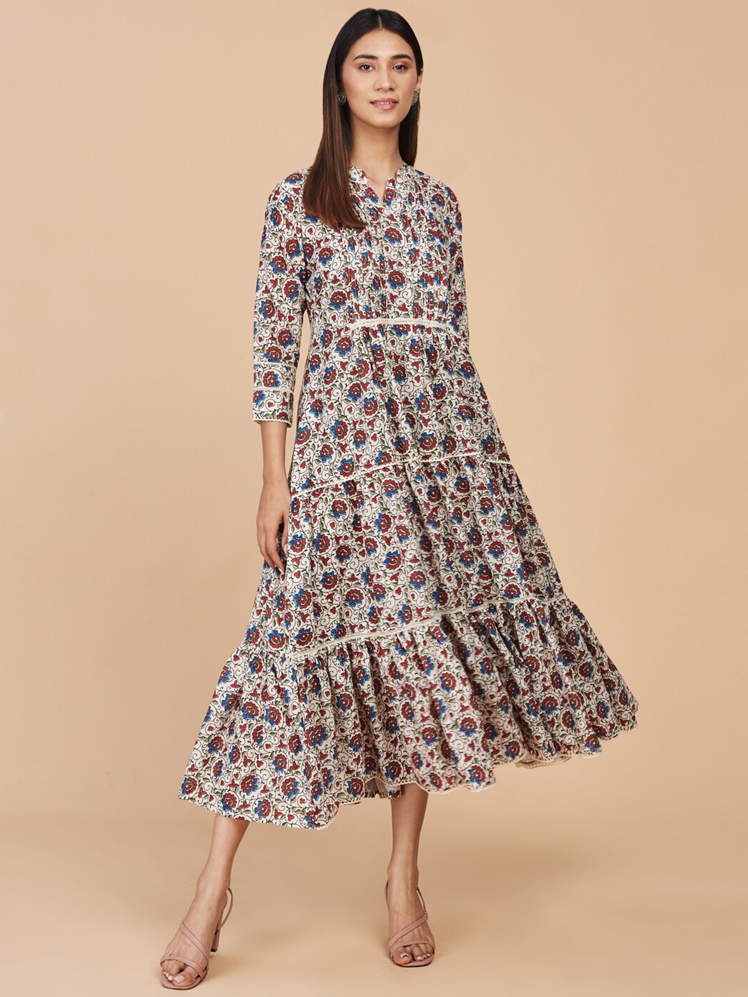 

LAAKHI Floral Printed Tiered Gathered Linen A-Line Ethnic Dress, White