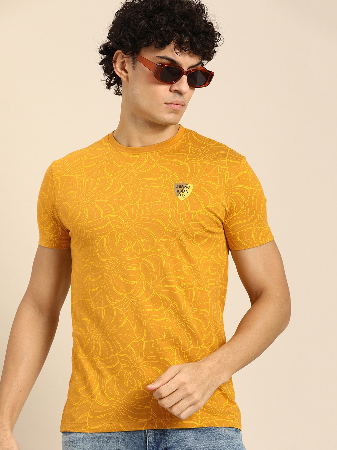 

Being Human Men Tropical Print Pure Cotton T-shirt, Mustard