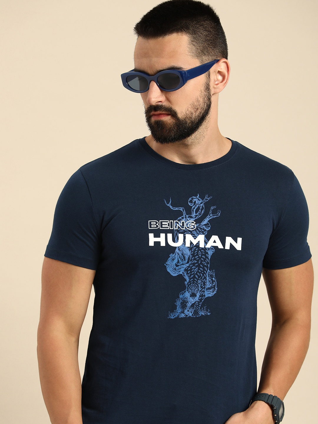 

Being Human Pure Cotton Graphic Printed Casual T-shirt, Navy blue