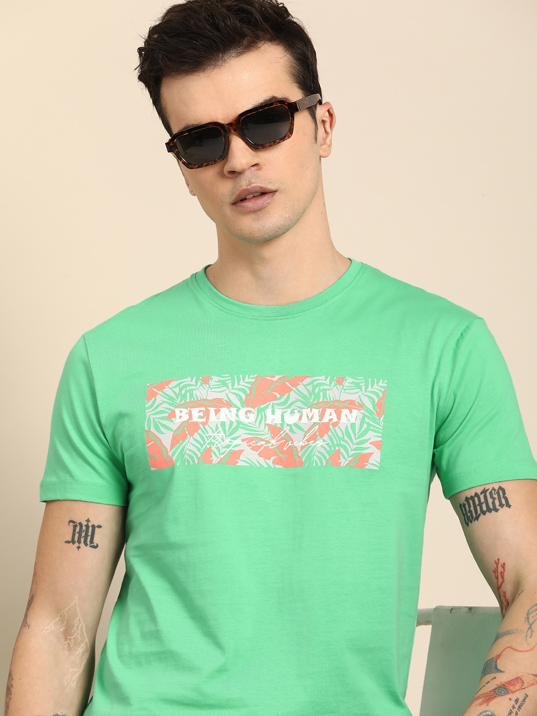 

Being Human Pure Cotton Brand Logo Printed Casual T-shirt, Green