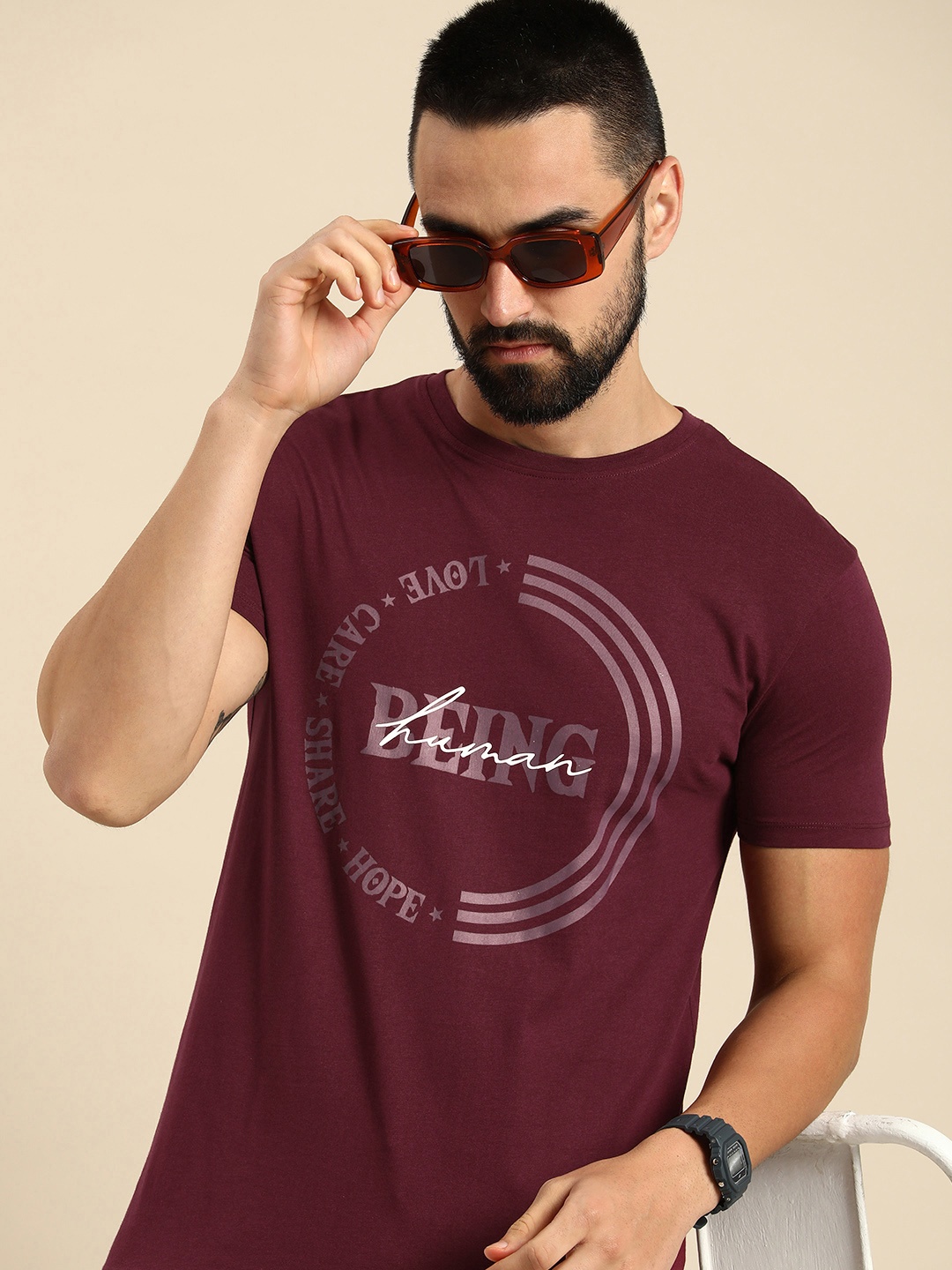 

Being Human Pure Cotton Typography Printed Casual T-shirt, Burgundy