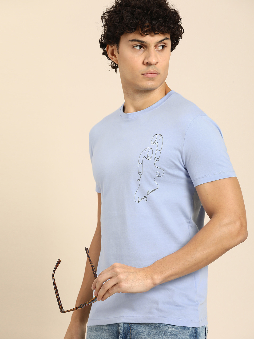 

Being Human Men Graphic & Brand Logo Placement Print Pure Cotton T-shirt, Blue