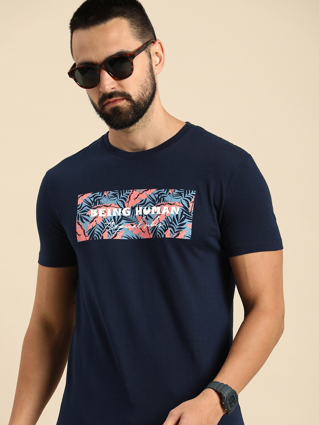 

Being Human Pure Cotton Graphic Printed Casual T-shirt, Navy blue