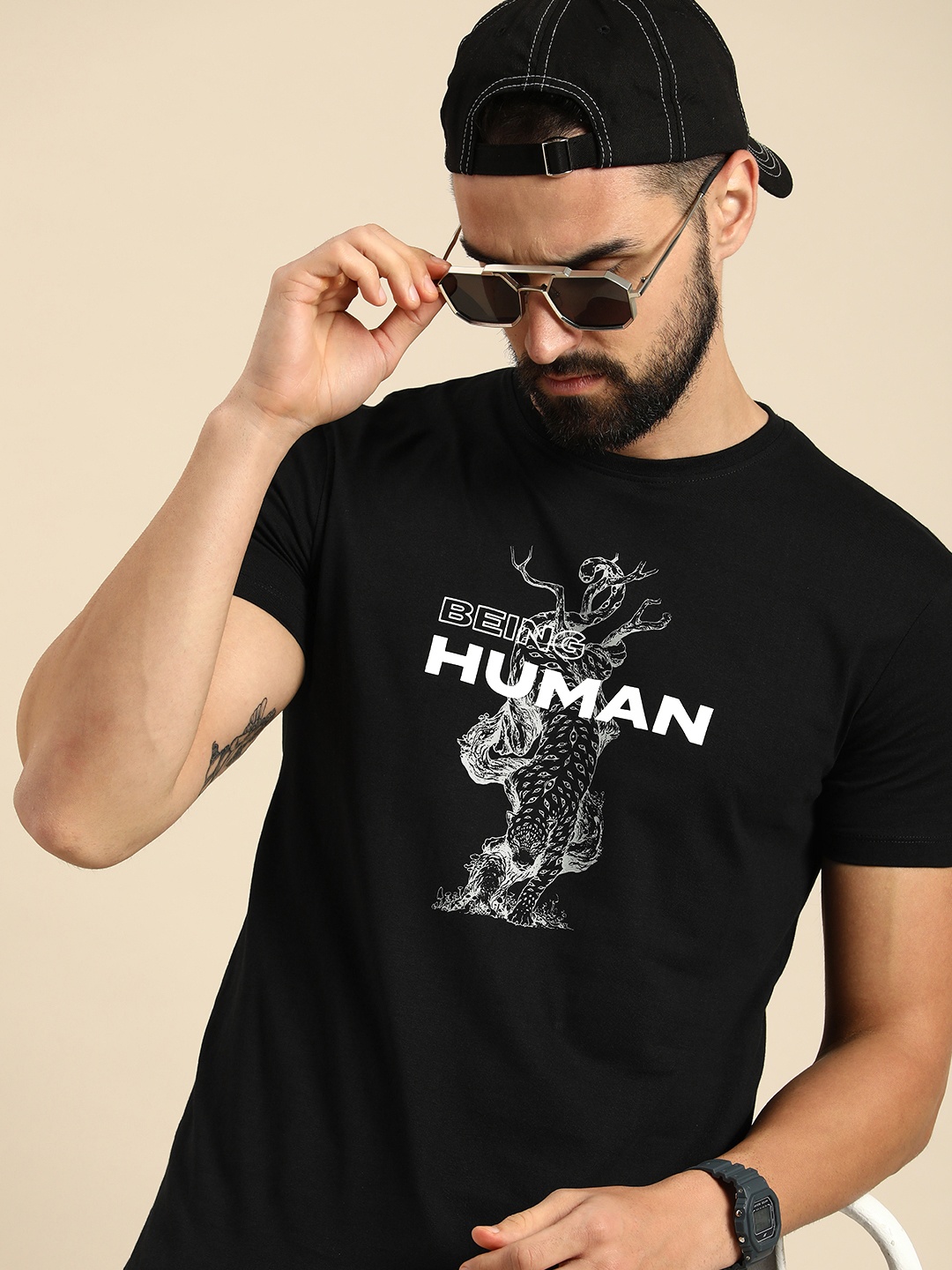 

Being Human Pure Cotton Graphic Printed Casual T-shirt, Black