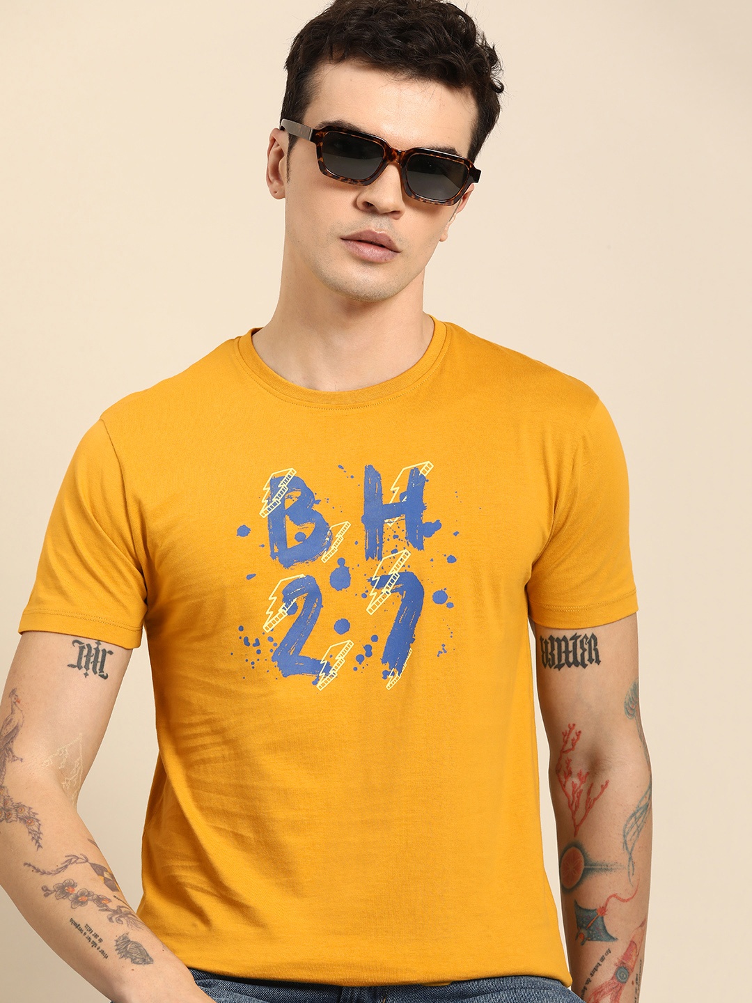 

Being Human Men Brand Logo Print Pure Cotton T-shirt, Mustard