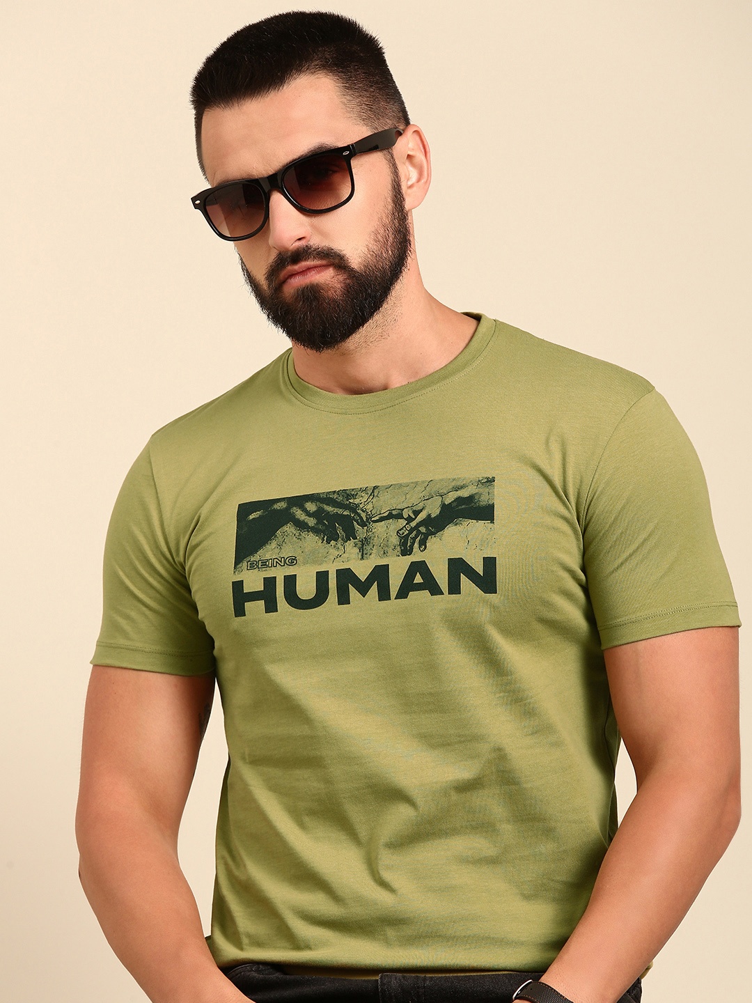 

Being Human Printed Pure Cotton T-shirt, Olive