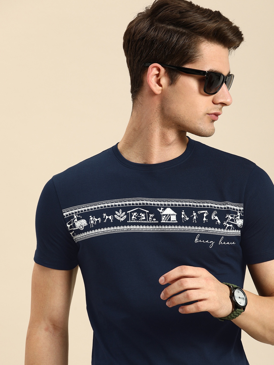 Being Human Printed Pure Cotton T-shirt, Navy blue