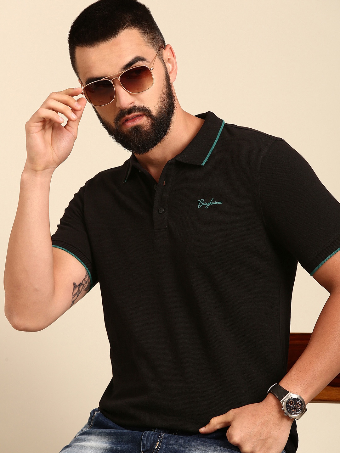 

Being Human Men Polo Collar Pure Cotton T-shirt, Black