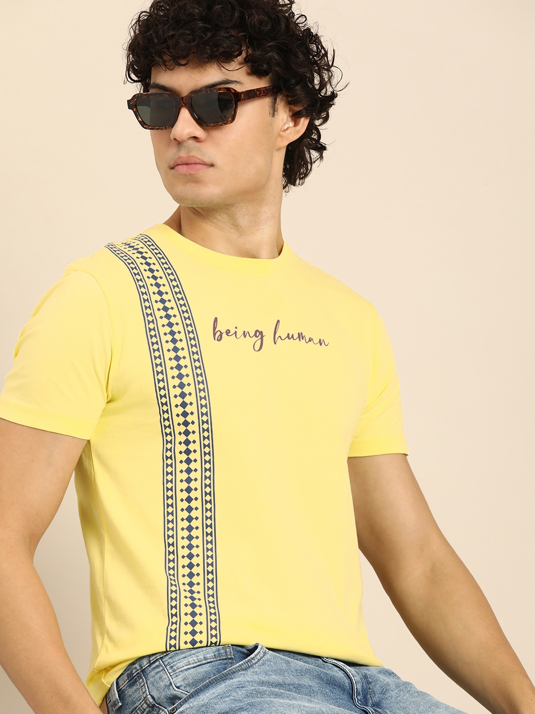 

Being Human Men Brand Logo & Geometric Print Pure Cotton T-shirt, Yellow