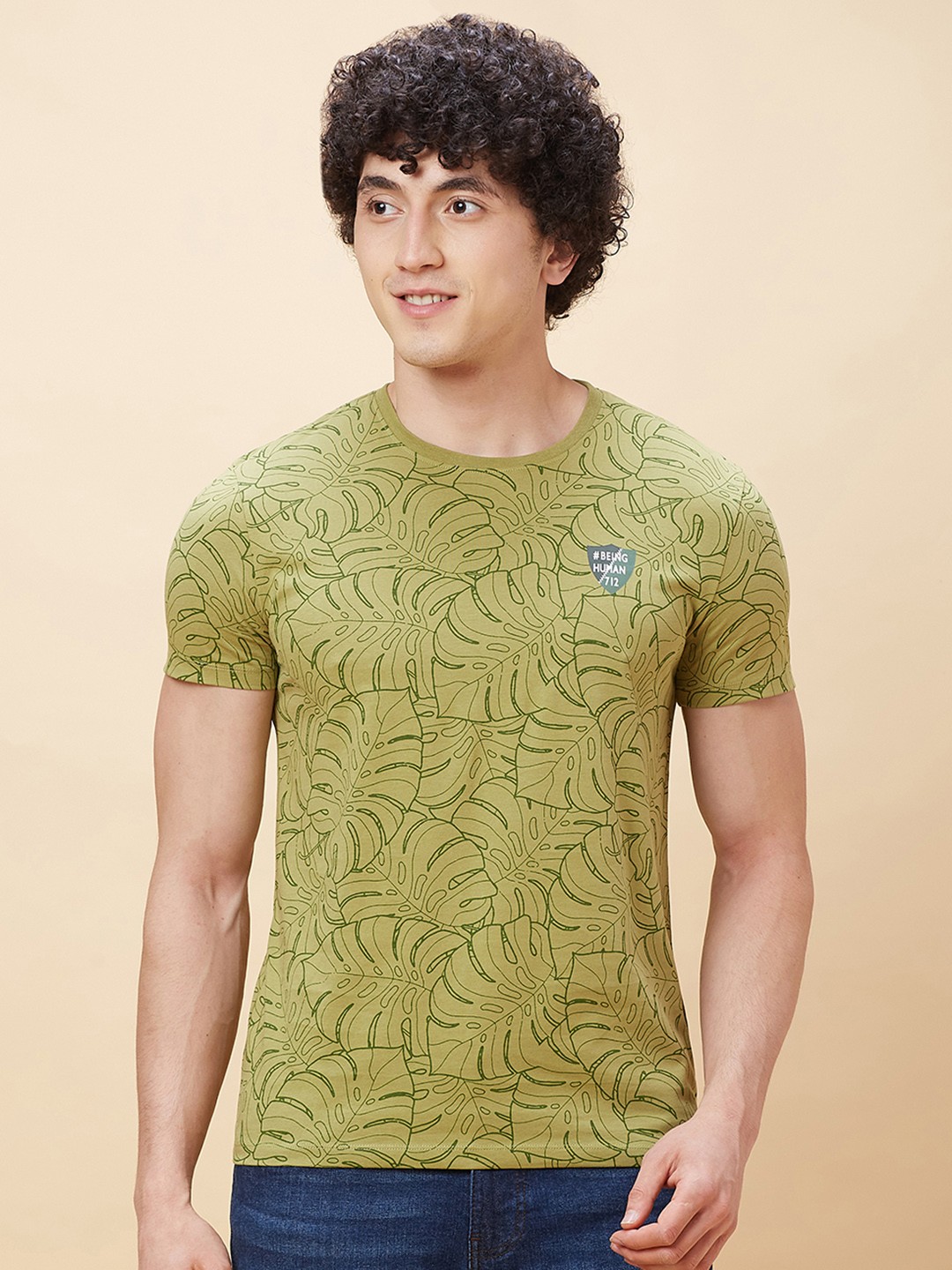 

Being Human Men Tropical Print Pure Cotton T-shirt, Olive