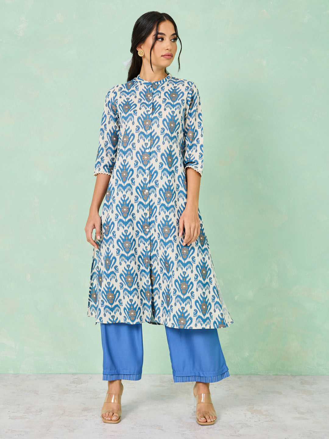 

Styli Ethnic Ikat Printed Mandarin Collar A-Line Kurta, Off white