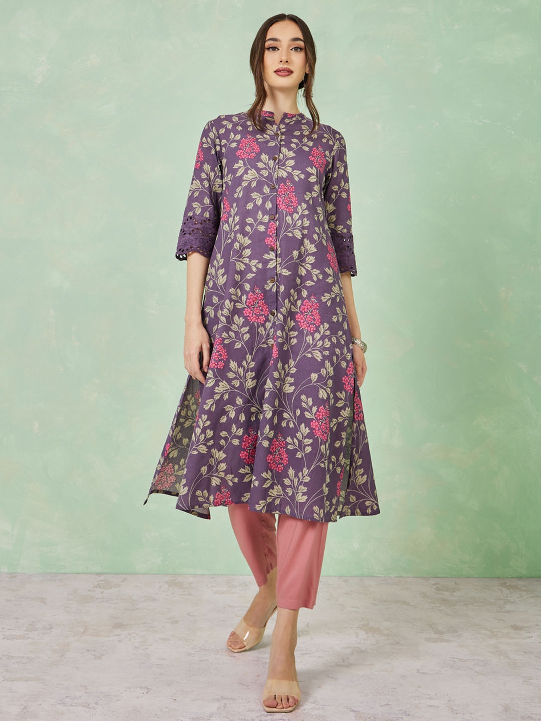 

Styli Purple Floral Printed Mandarin Collar Cotton A-Line Kurta