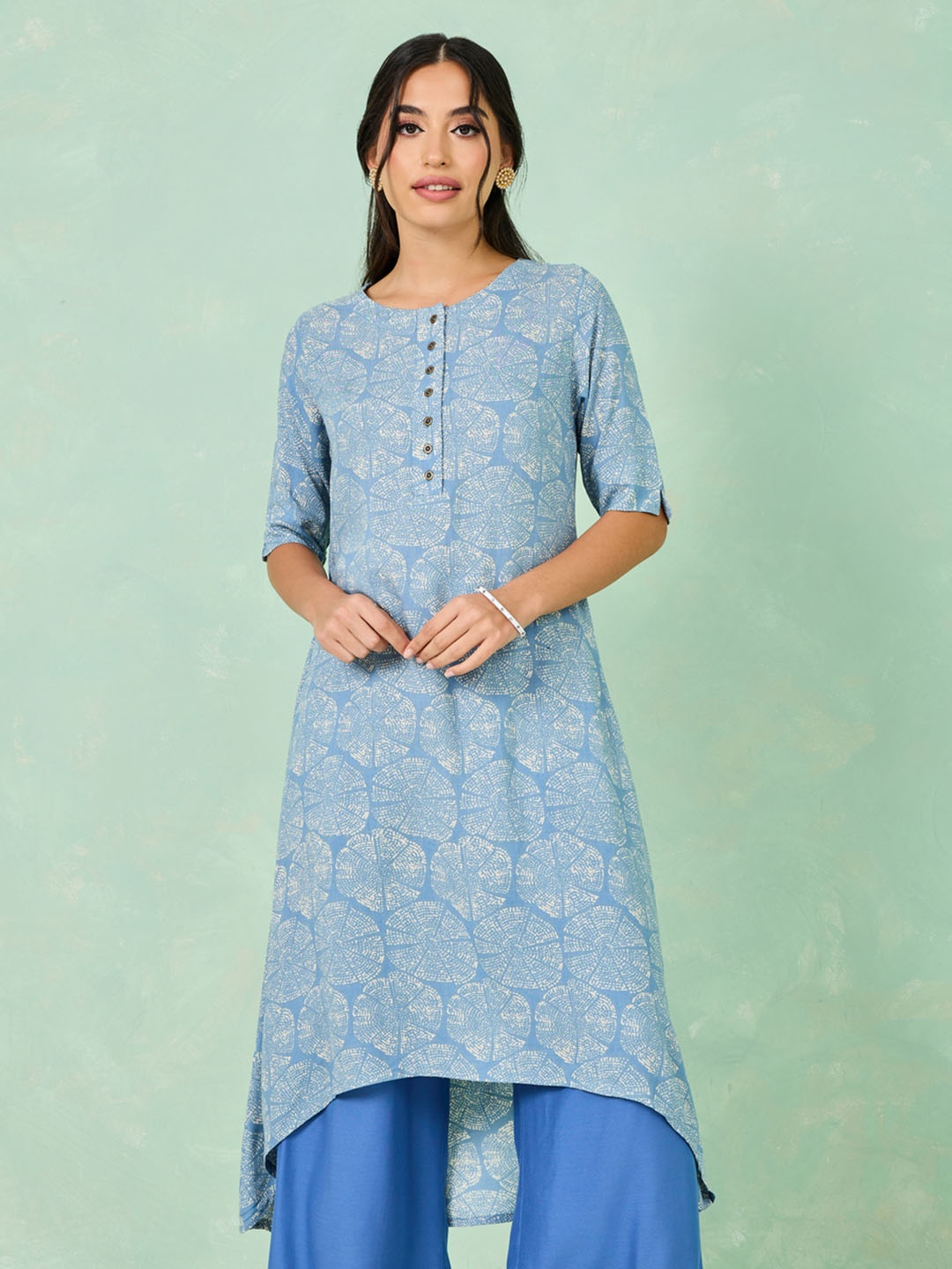 

Styli Blue Ethnic Motifs Printed A-Line High-Low Kurta