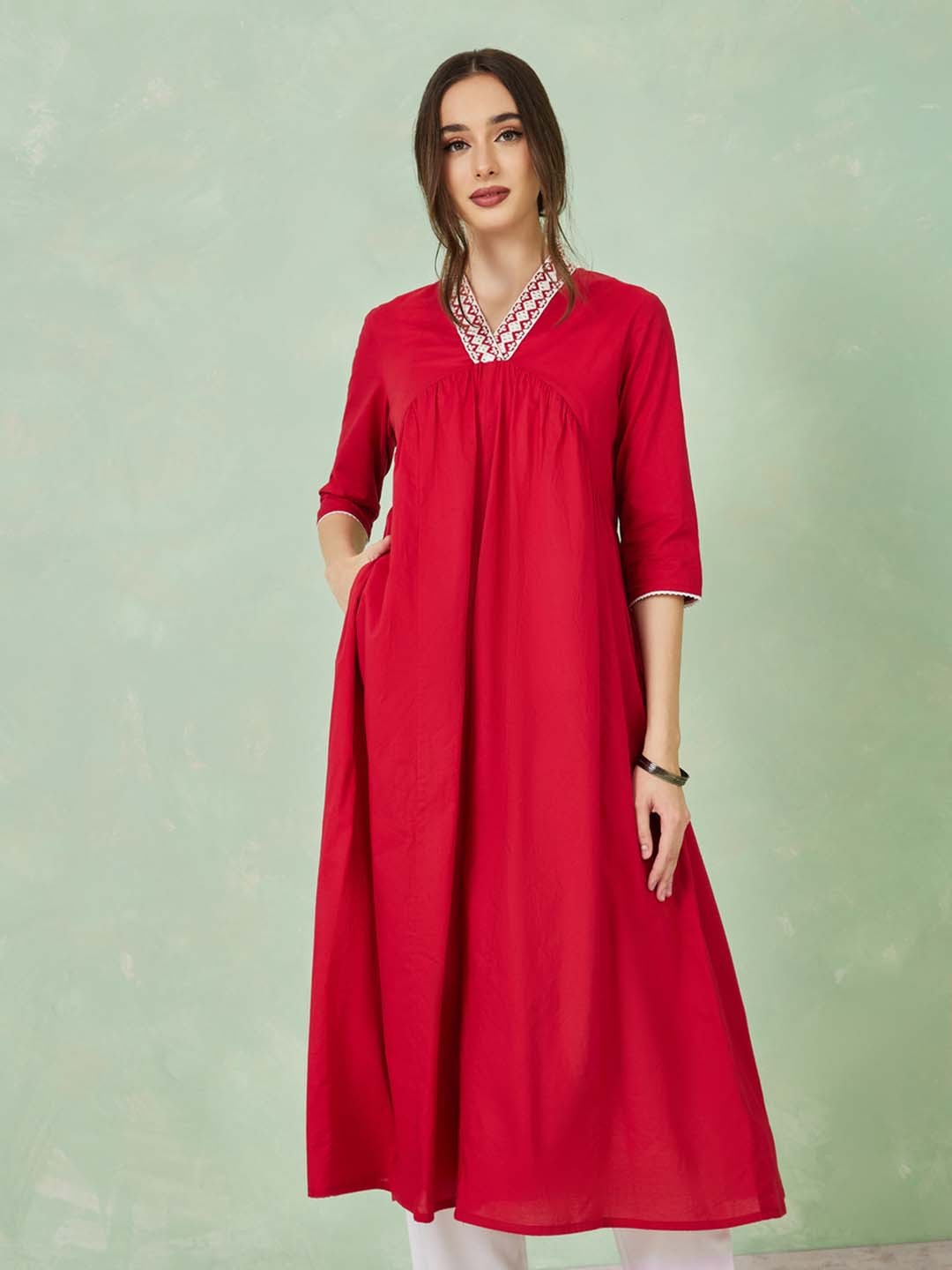 

Styli Red V-Neck Thread Work Cotton Anarkali Kurta