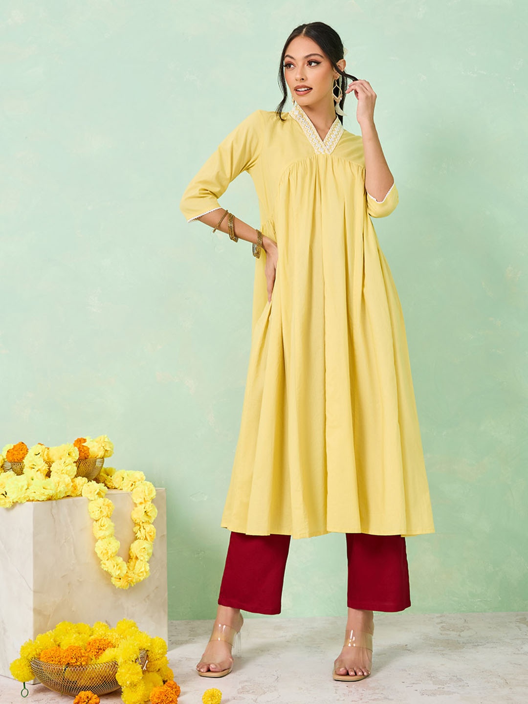 

Styli Yellow V-Neck Thread Work Cotton Anarkali Kurta