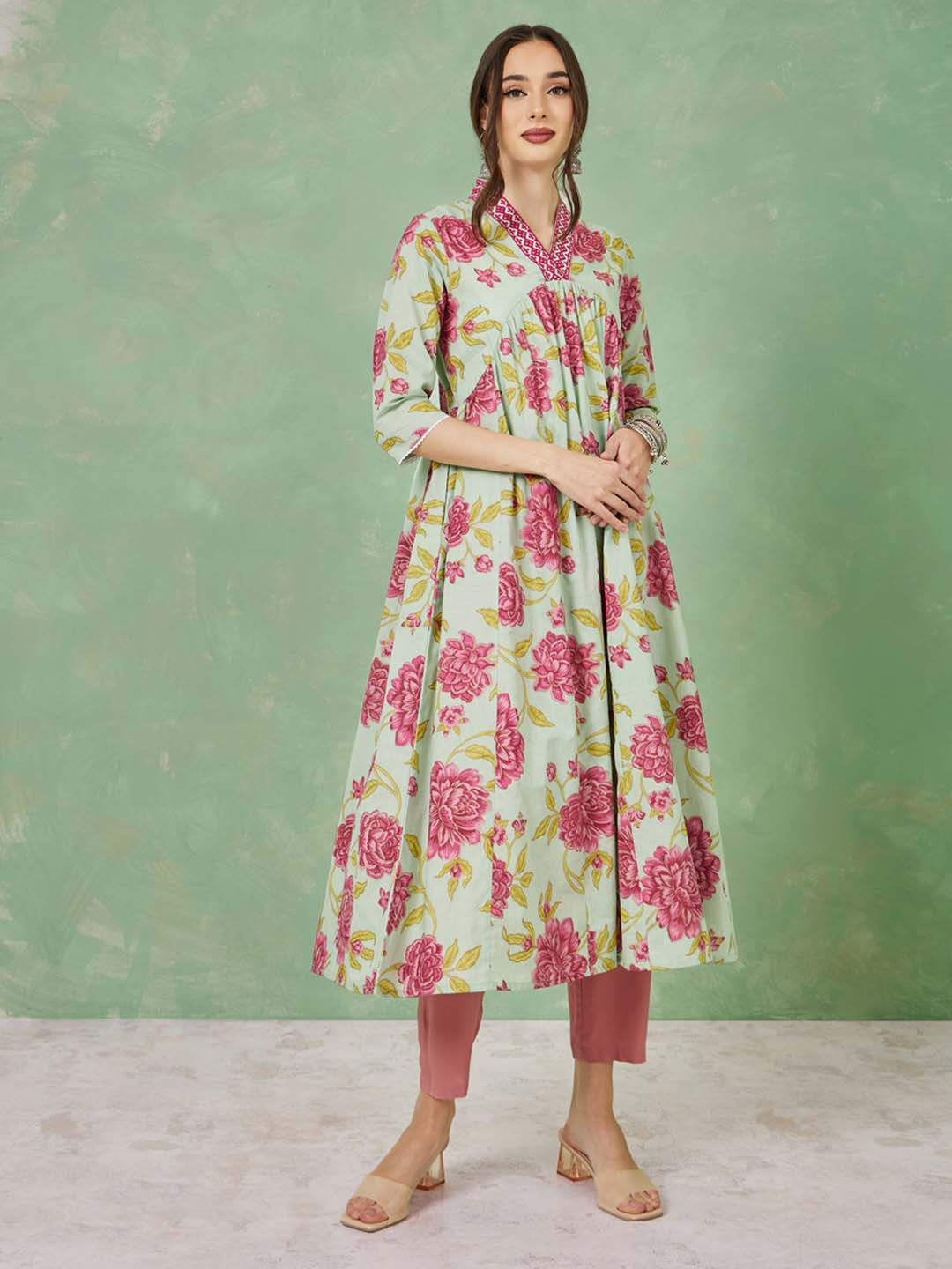 

Styli Green & Pink Floral Printed V-Neck Thread Work Anarkali Cotton Kurta