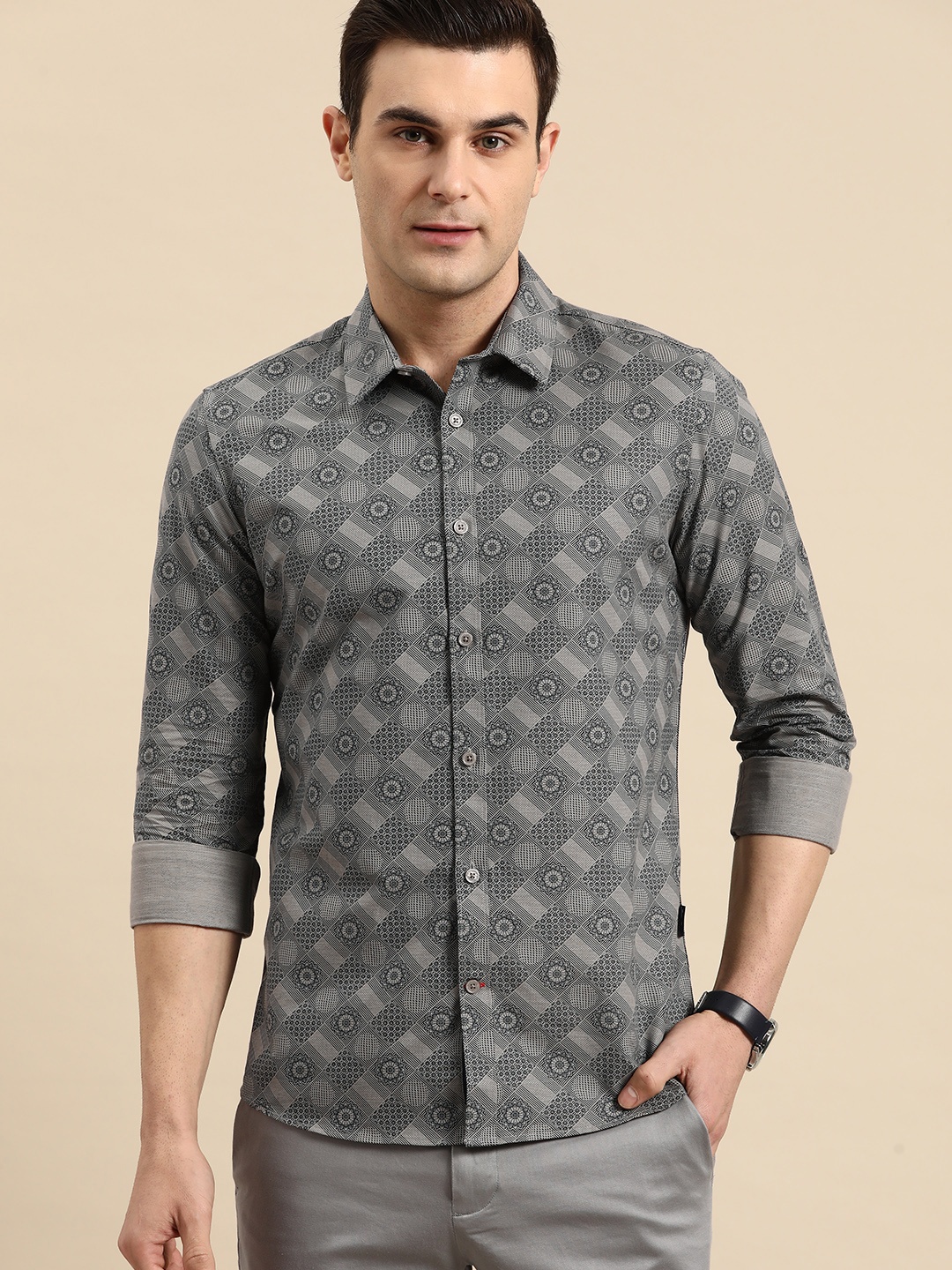 

Being Human Ethnic Print Slim Fit Pure Cotton Shirt, Grey