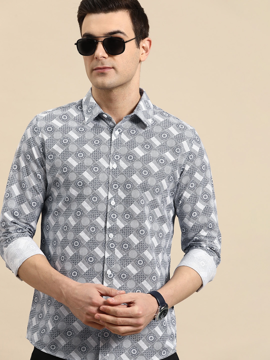 

Being Human Ethnic Print Slim Fit Pure Cotton Shirt, White