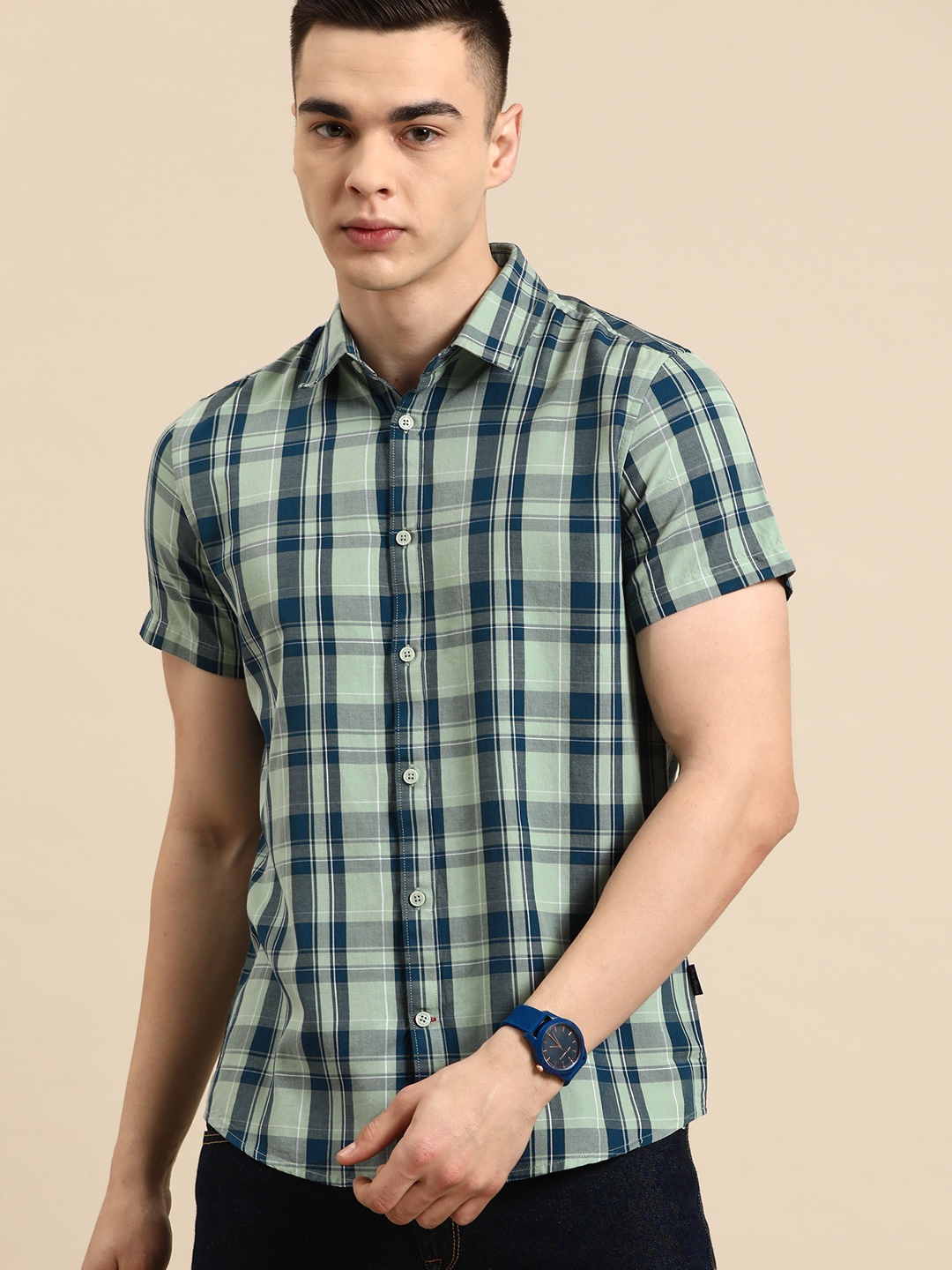 

Being Human Checked Slim Fit Pure Cotton Shirt, Green