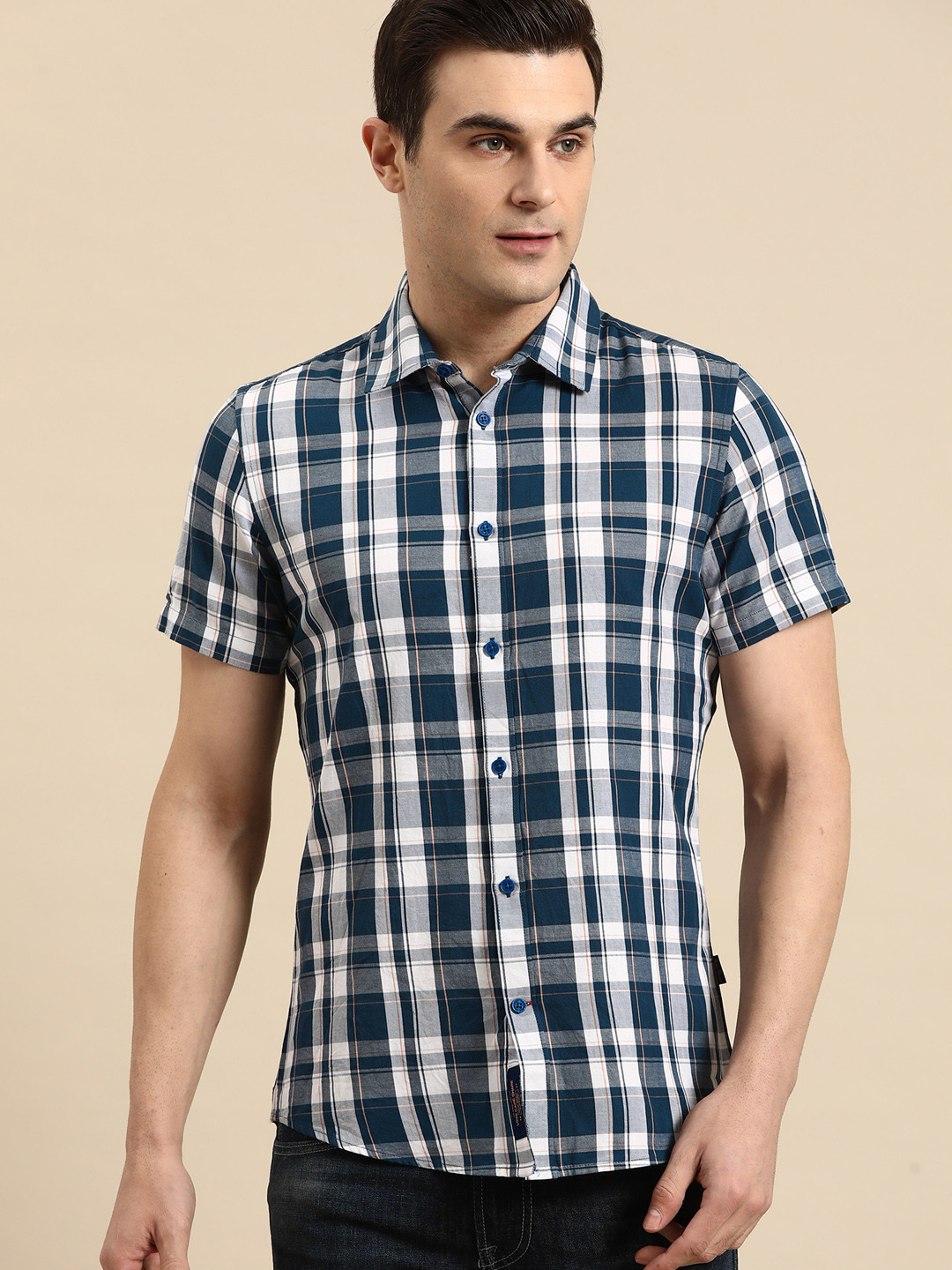 

Being Human Checked Slim Fit Pure Cotton Shirt, Navy blue