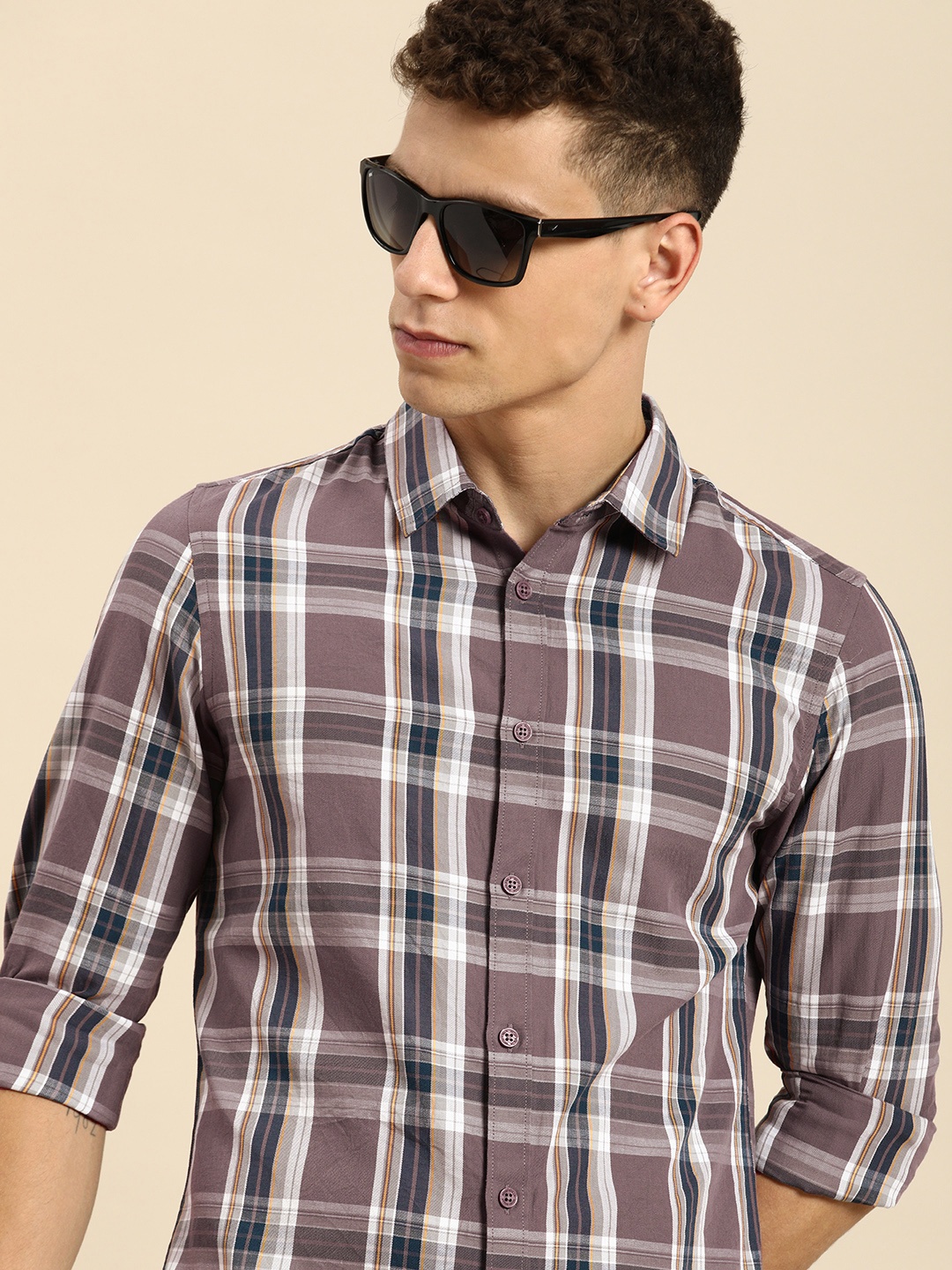 Being Human Pure Cotton Tartan Checked Casual Shirt, Mauve