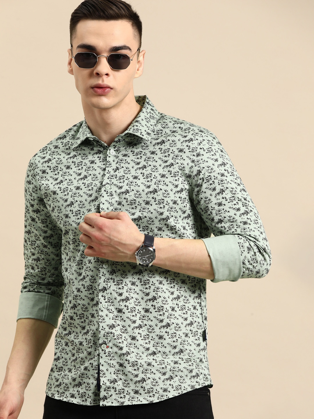

Being Human Pure Cotton Slim Fit Floral Printed Casual Shirt, Green
