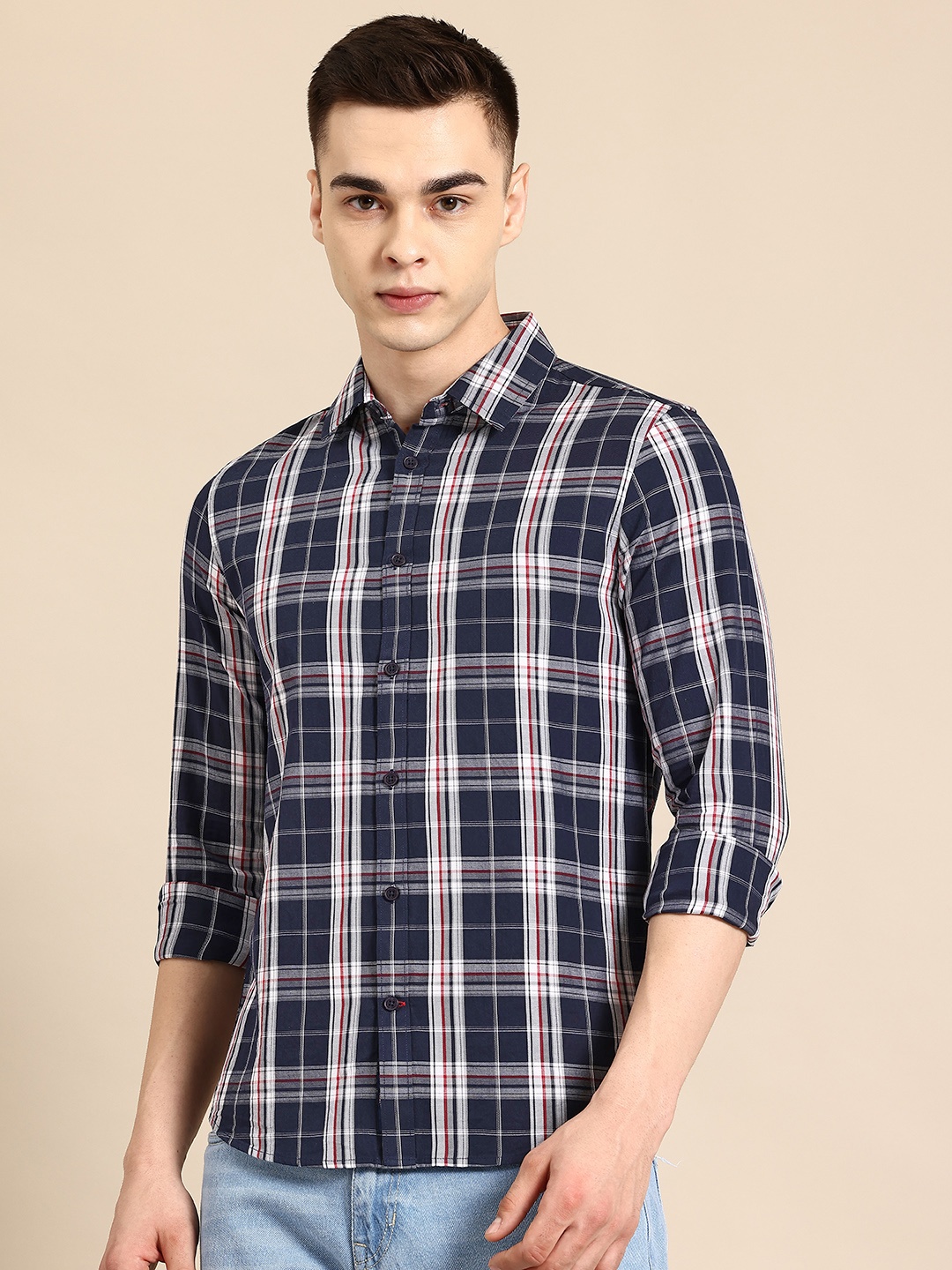 

Being Human Tartan Checked Pure Cotton Casual Shirt, Navy blue