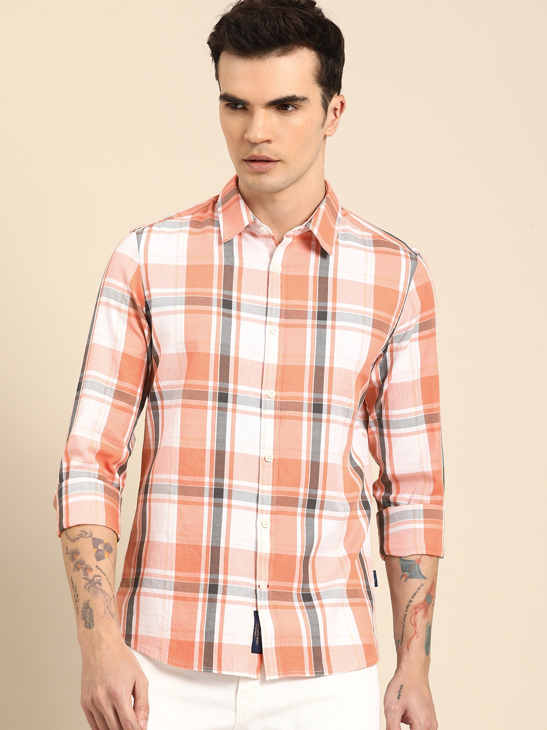 

Being Human Pure Cotton Slim Fit Checked Casual Shirt, Peach