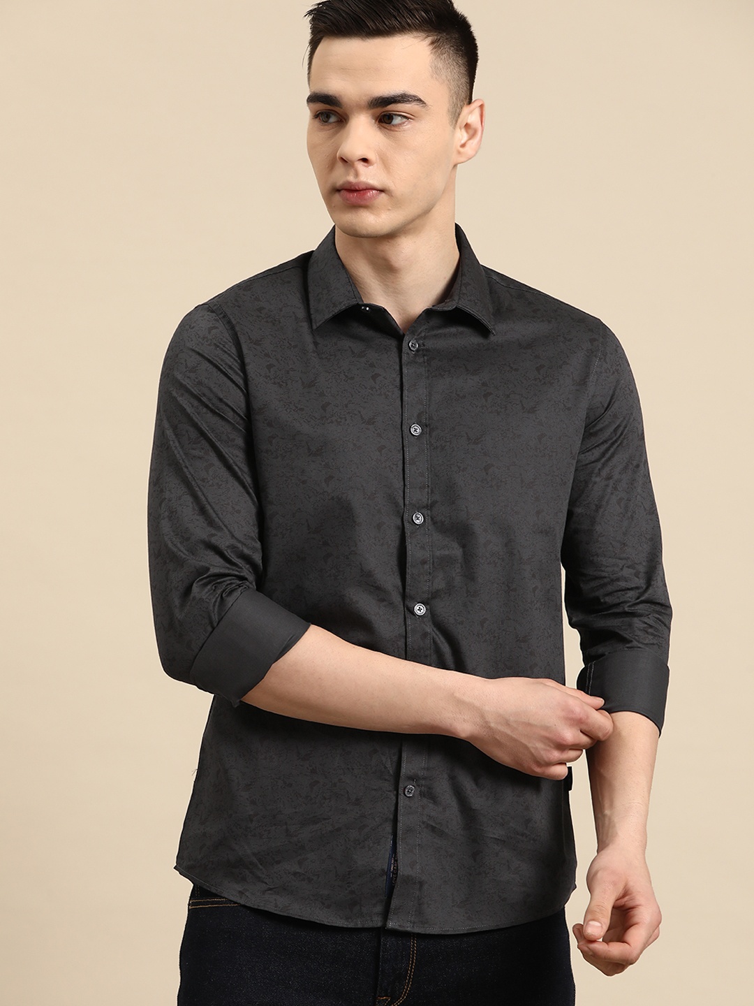 

Being Human Pure Cotton Slim Fit Printed Casual Shirt, Charcoal