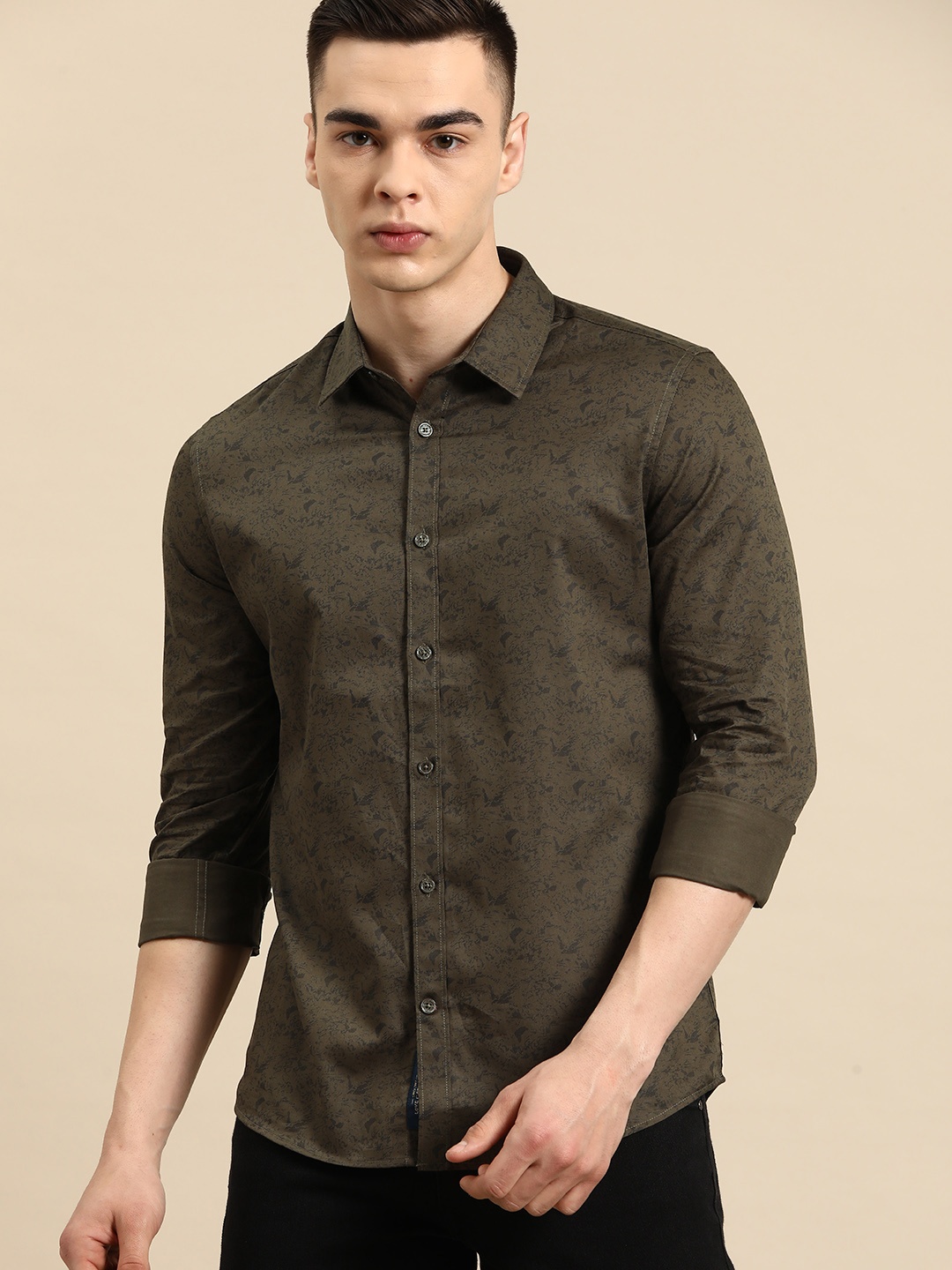 

Being Human Pure Cotton Slim Fit Printed Casual Shirt, Olive