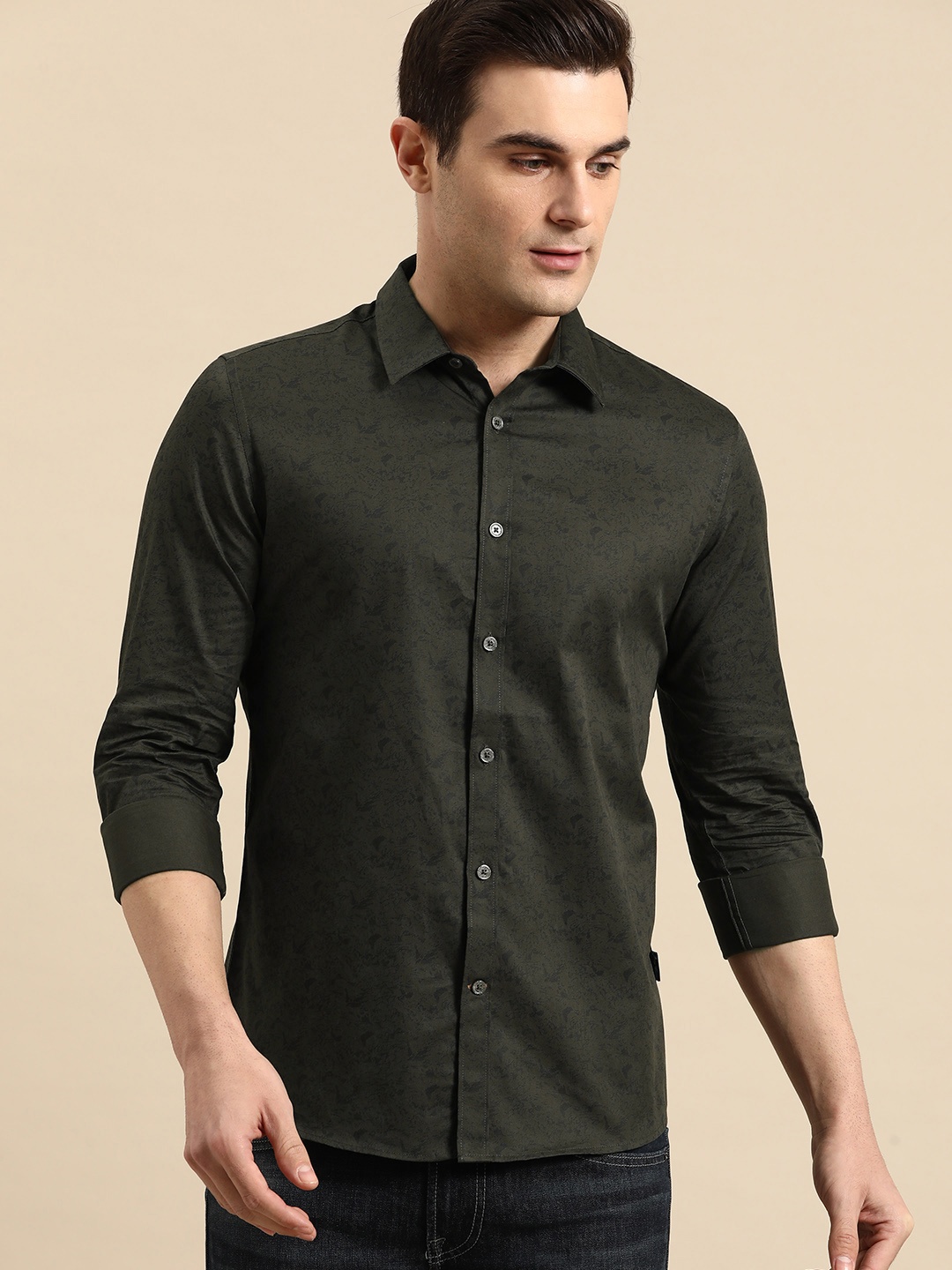

Being Human Printed Slim Fit Pure Cotton Shirt, Olive
