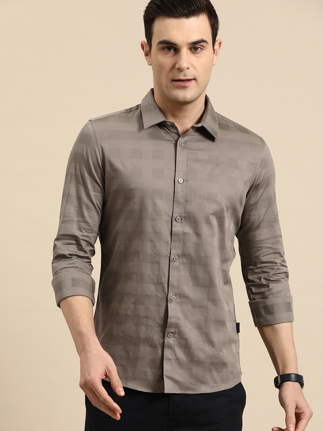 

Being Human Pure Cotton Slim Fit Self Checked Casual Shirt, Brown