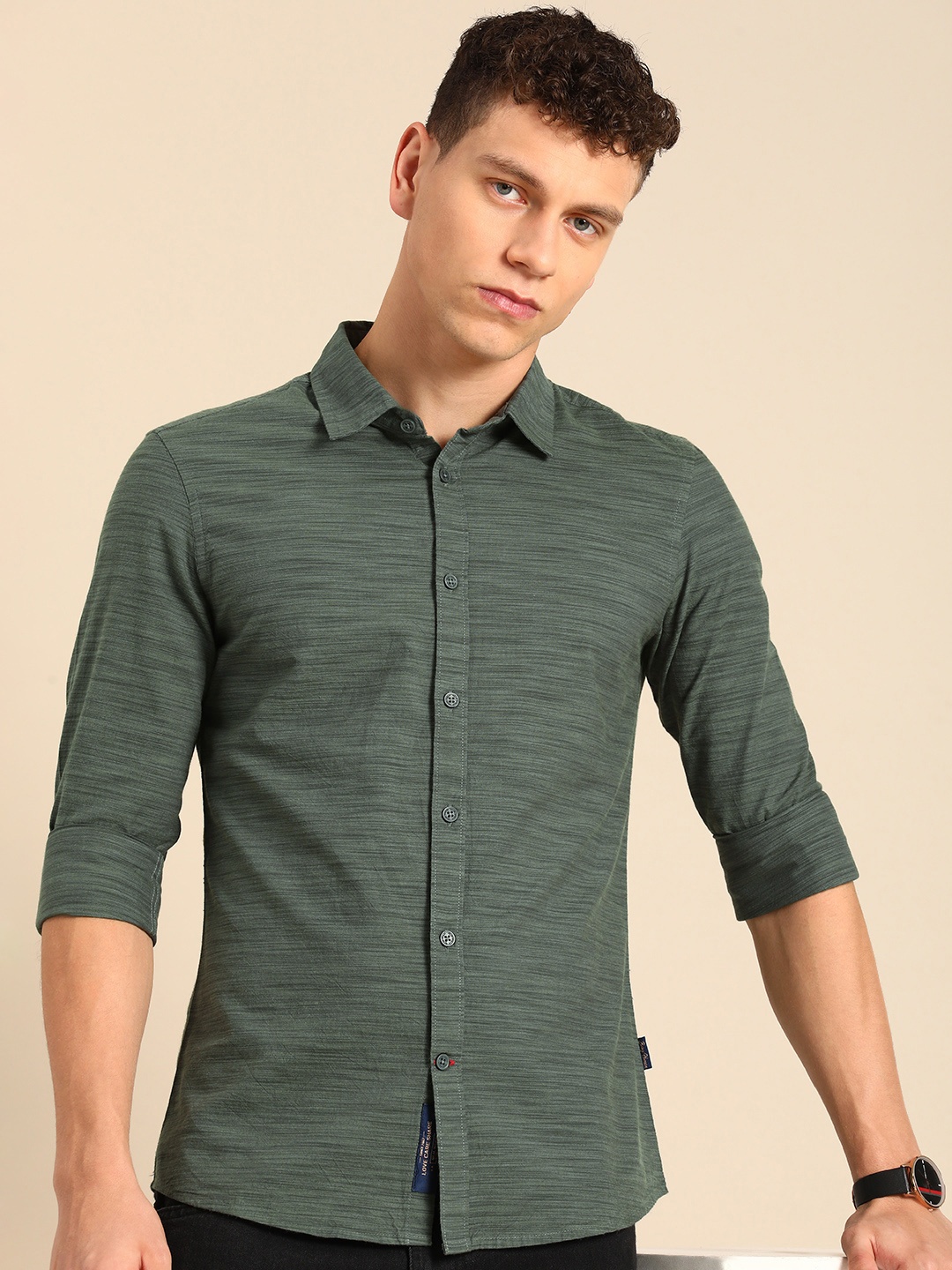 

Being Human Slim Fit Horizontal Striped Casual Shirt, Olive
