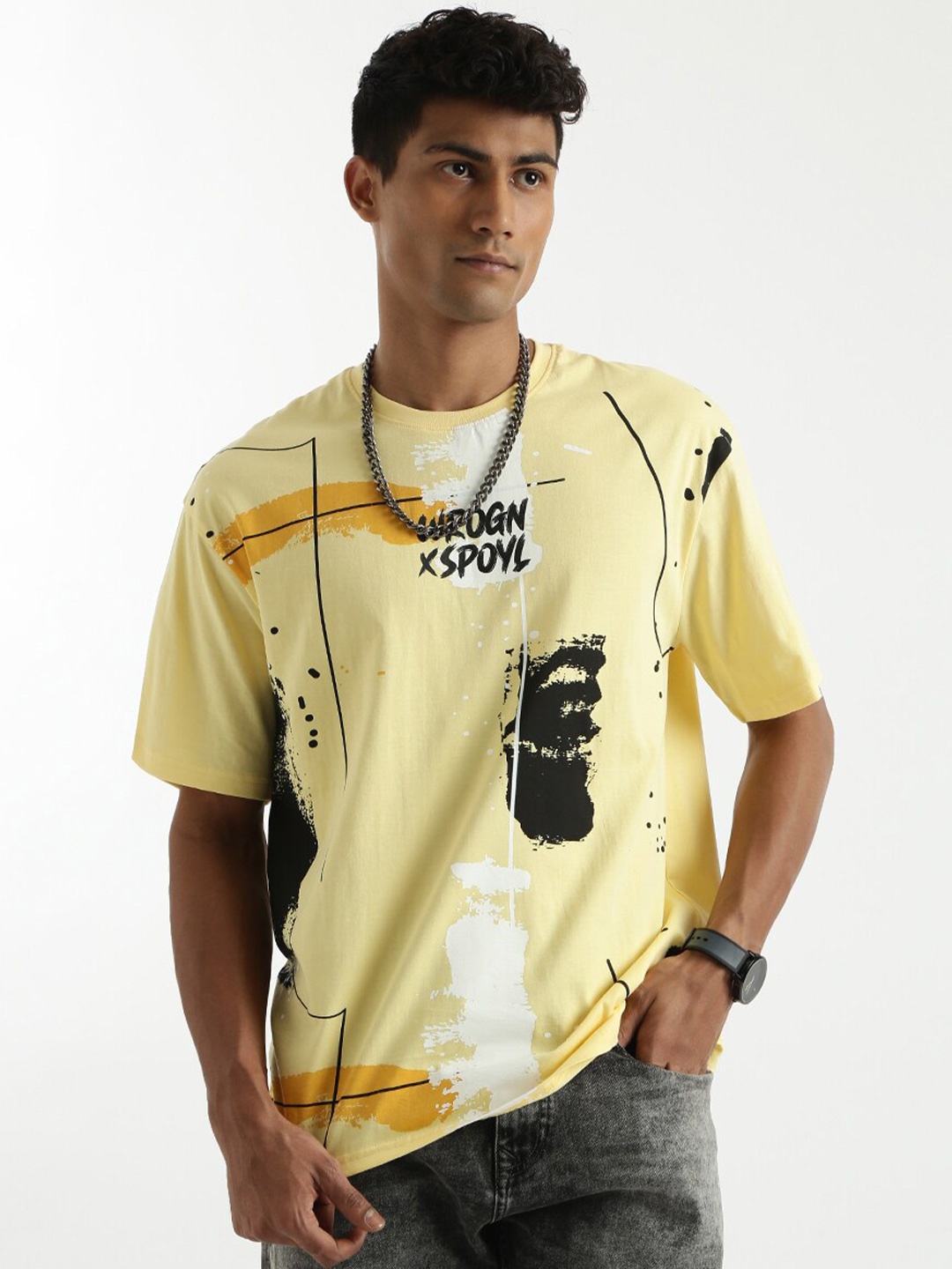 

WROGN Typography Printed Cotton Boxy T-shirt, Yellow