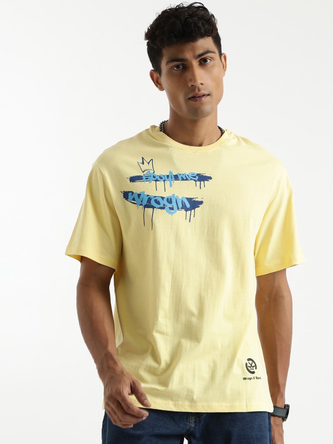 

WROGN Typography Printed Drop Shoulder Sleeves Cotton Boxy T-shirt, Yellow