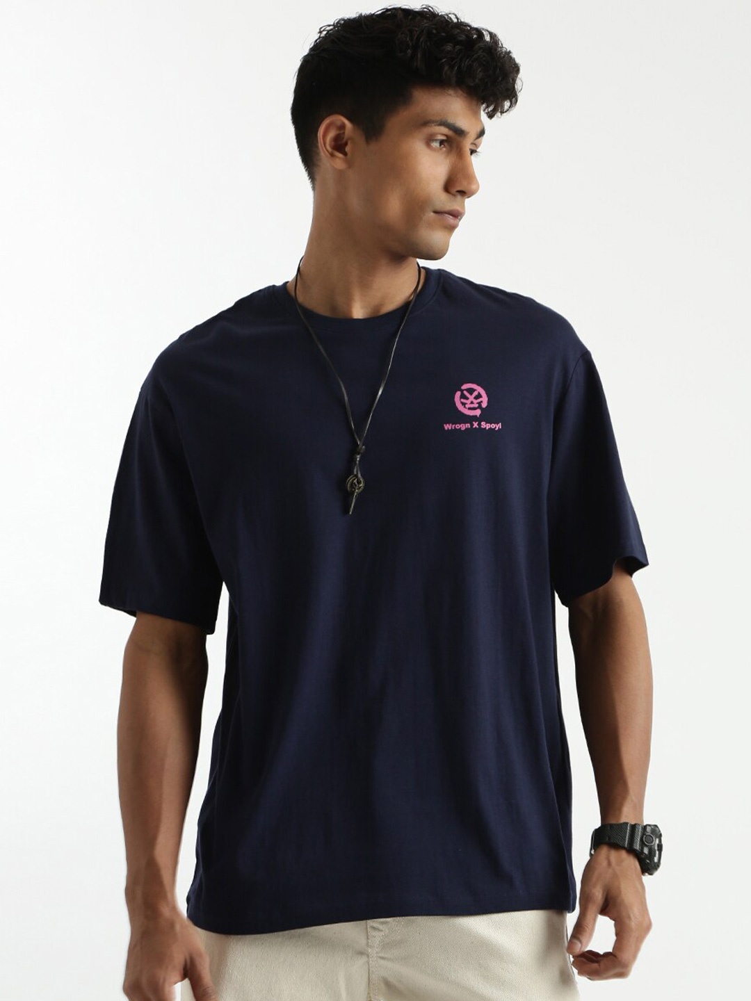 

WROGN Round Neck Cotton Boxy T-shirt, Navy blue