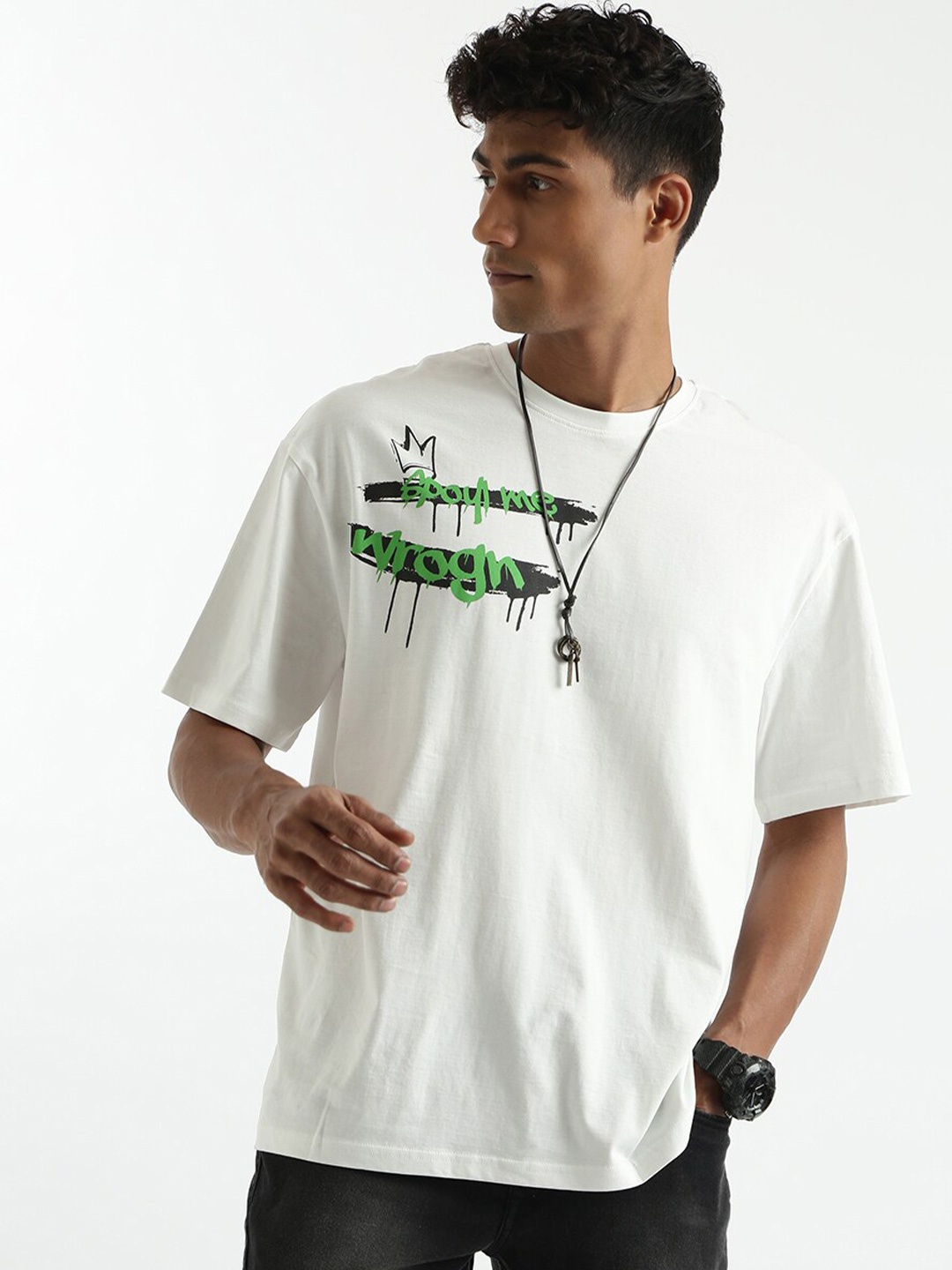 

WROGN Typography Printed Round Neck Cotton Boxy T-shirt, Off white
