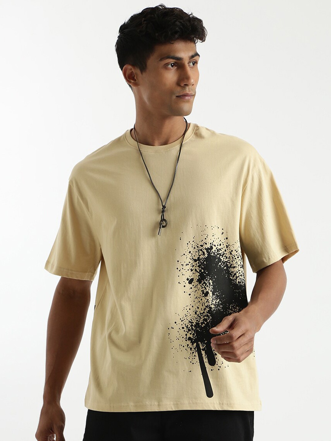 

WROGN Typography Printed Round Neck Cotton Boxy T-shirt, Beige