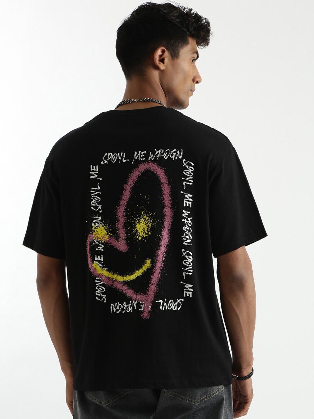 

WROGN Typography Printed Round Neck Cotton Boxy T-shirt, Black