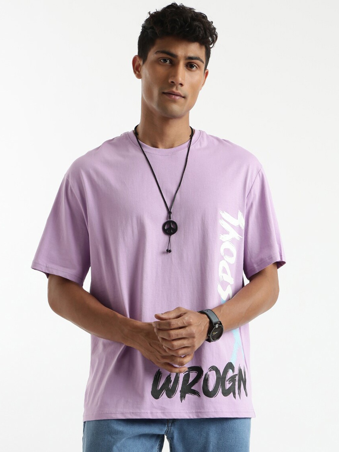

WROGN Typography Printed Cotton Boxy T-shirt, Lavender